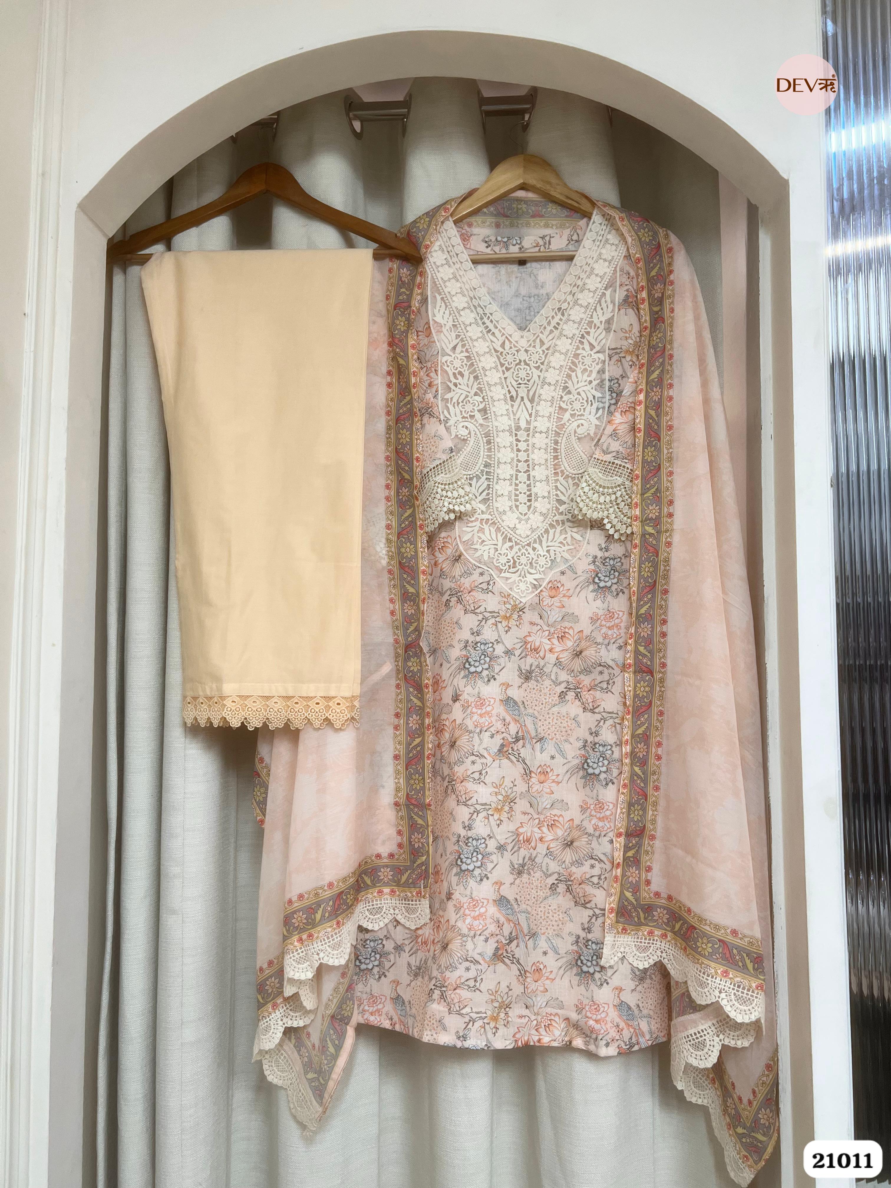 Vanya Pure Cotton Printed Peach 3-Piece Set (Devri – D.No 21011)