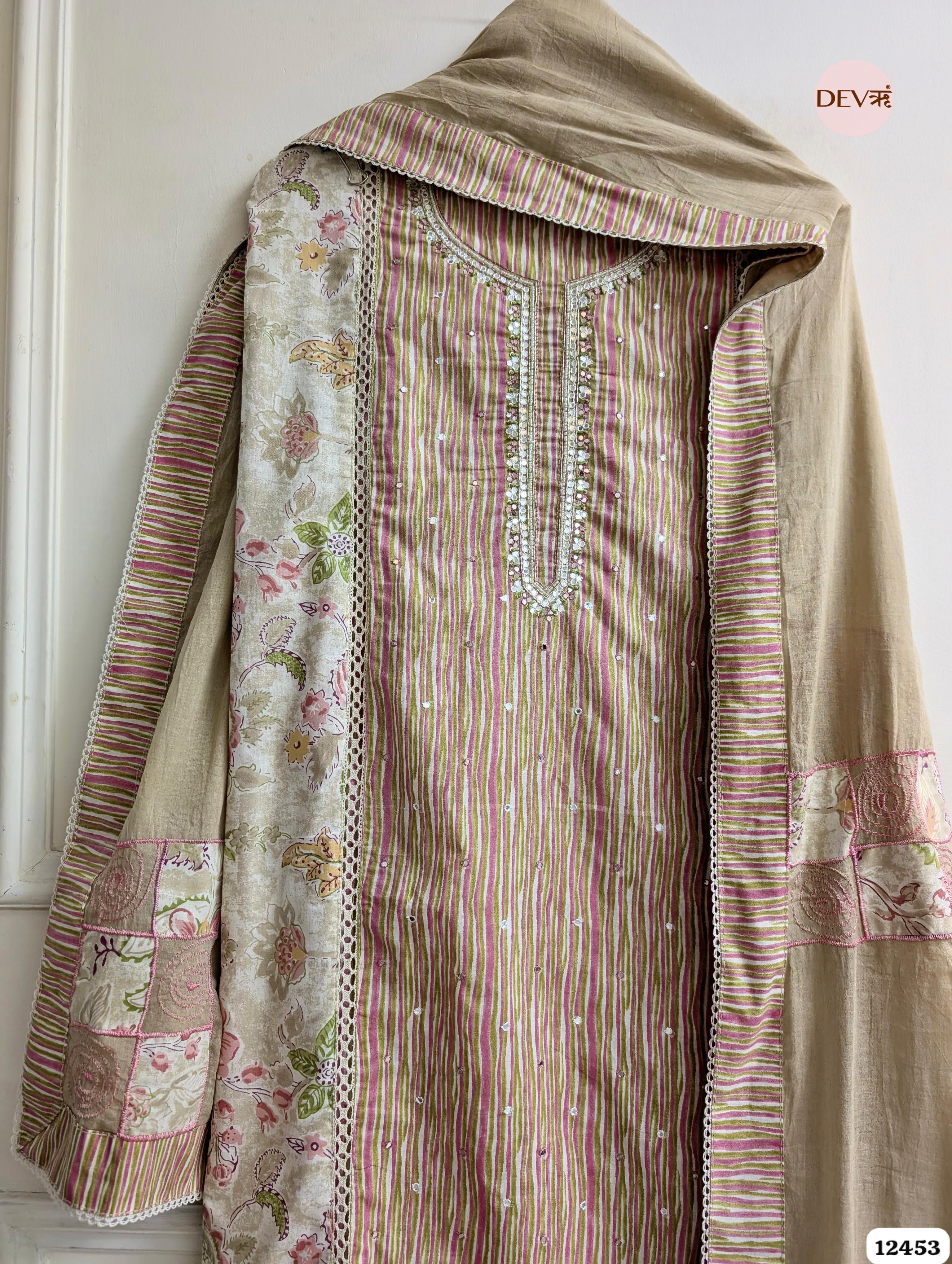Beige and Pink Cotton Embroidered Unstitched 3-Piece Suit (Devri – D.No .12453)