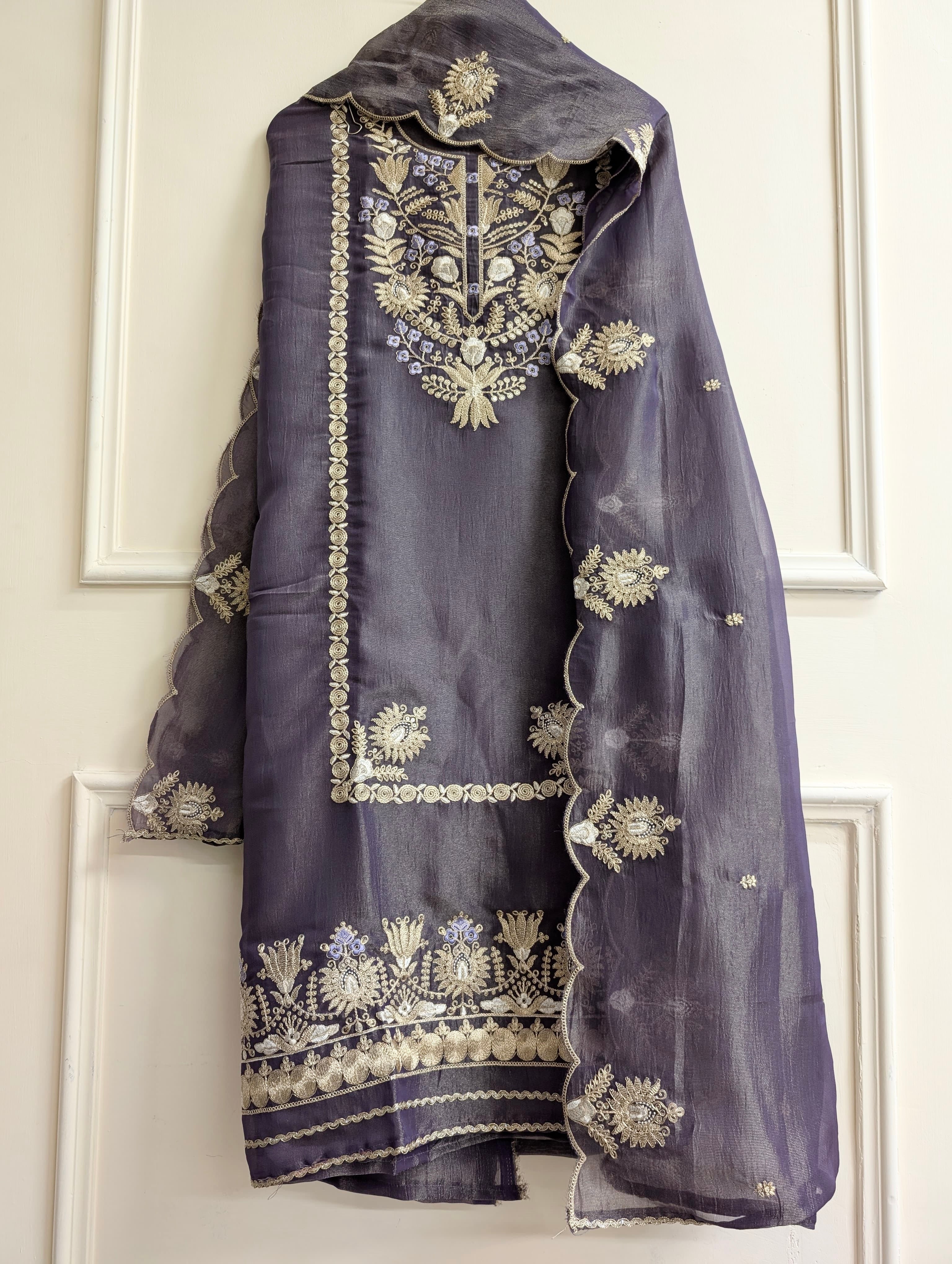 Purple Pure Tissue Silk Embroidered Unstitched 3-Piece Suit (Devri – D.No 13759)