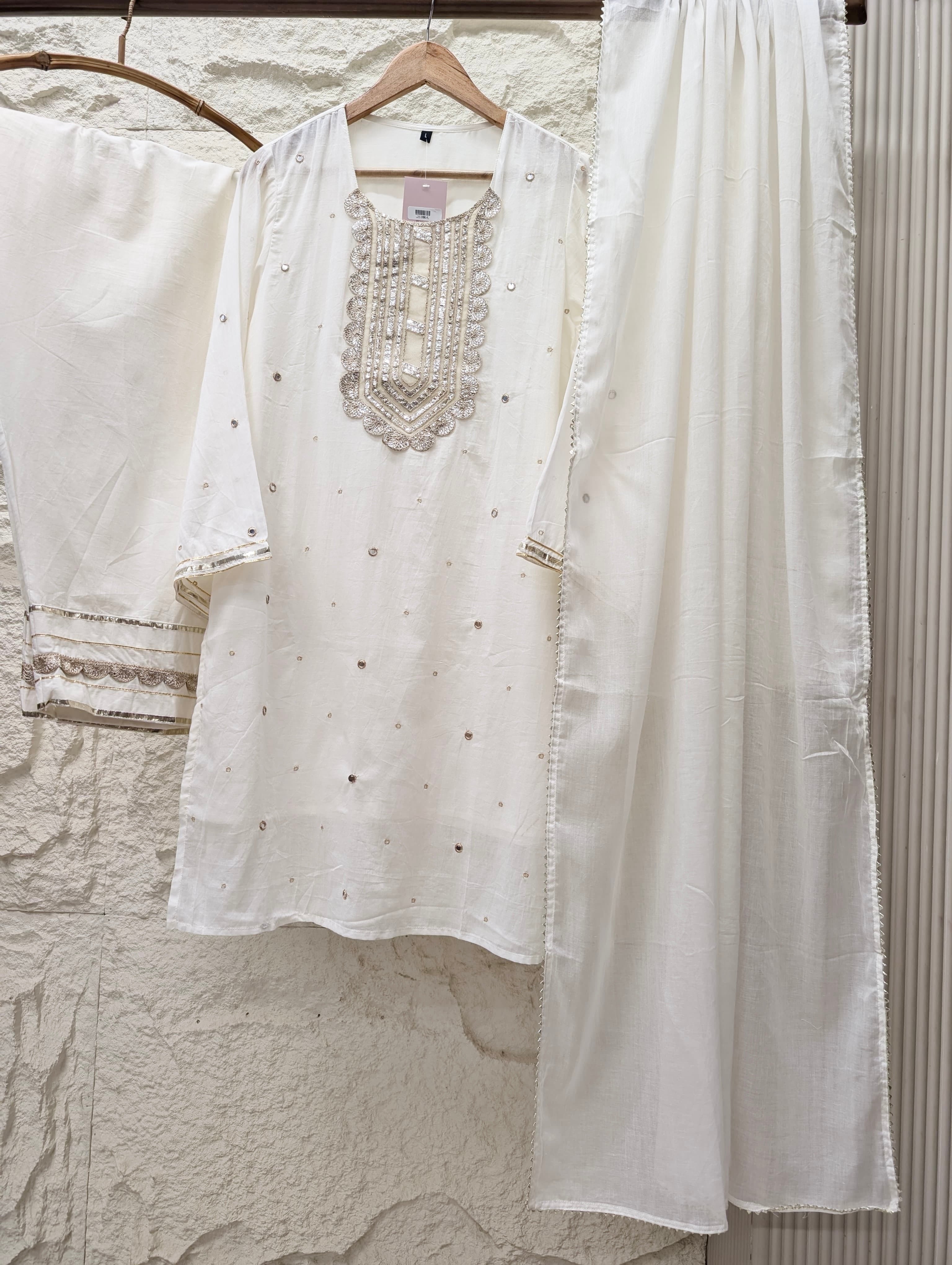 Noor Pure mul cotton Embroidered Off White 3-Piece Set (Devri – D.No 21186)
