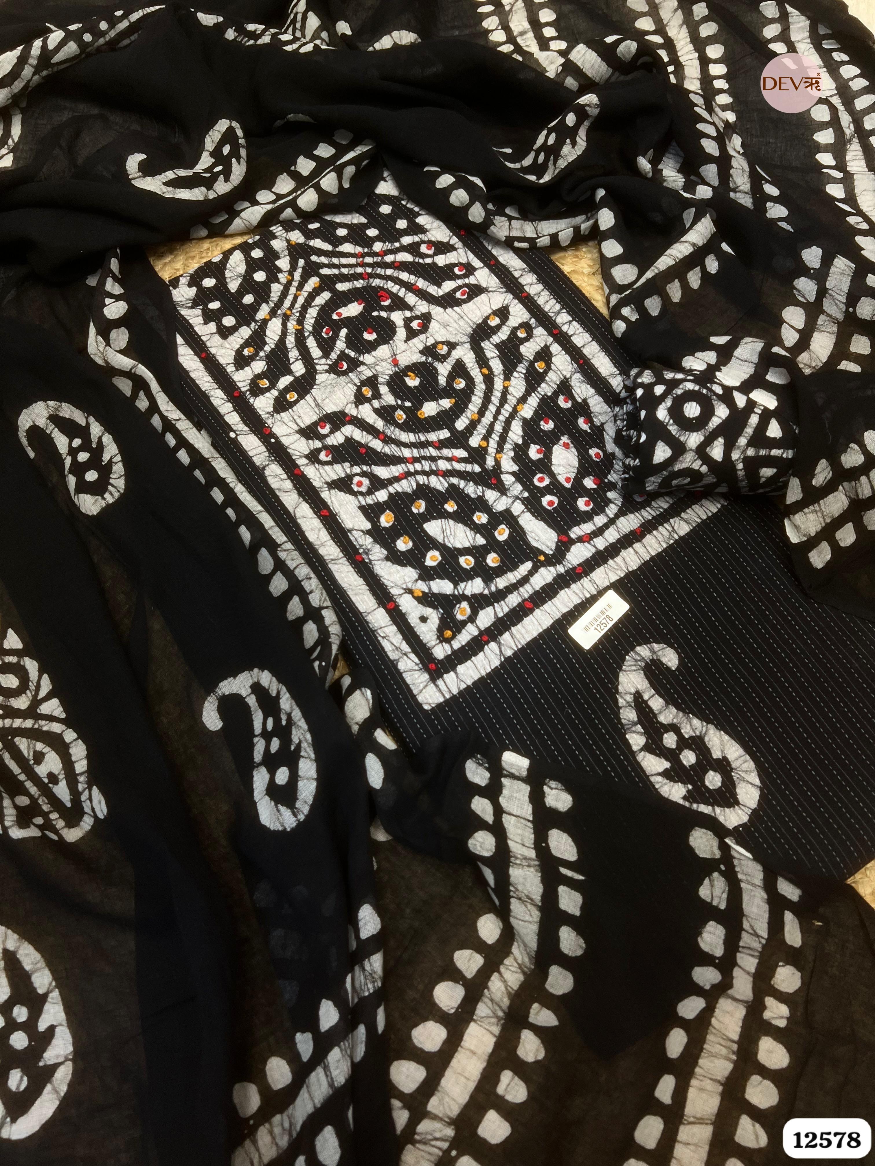 Black Cotton Batik Printed Unstitched 3-Piece Suit (Devri – D.No 12578)