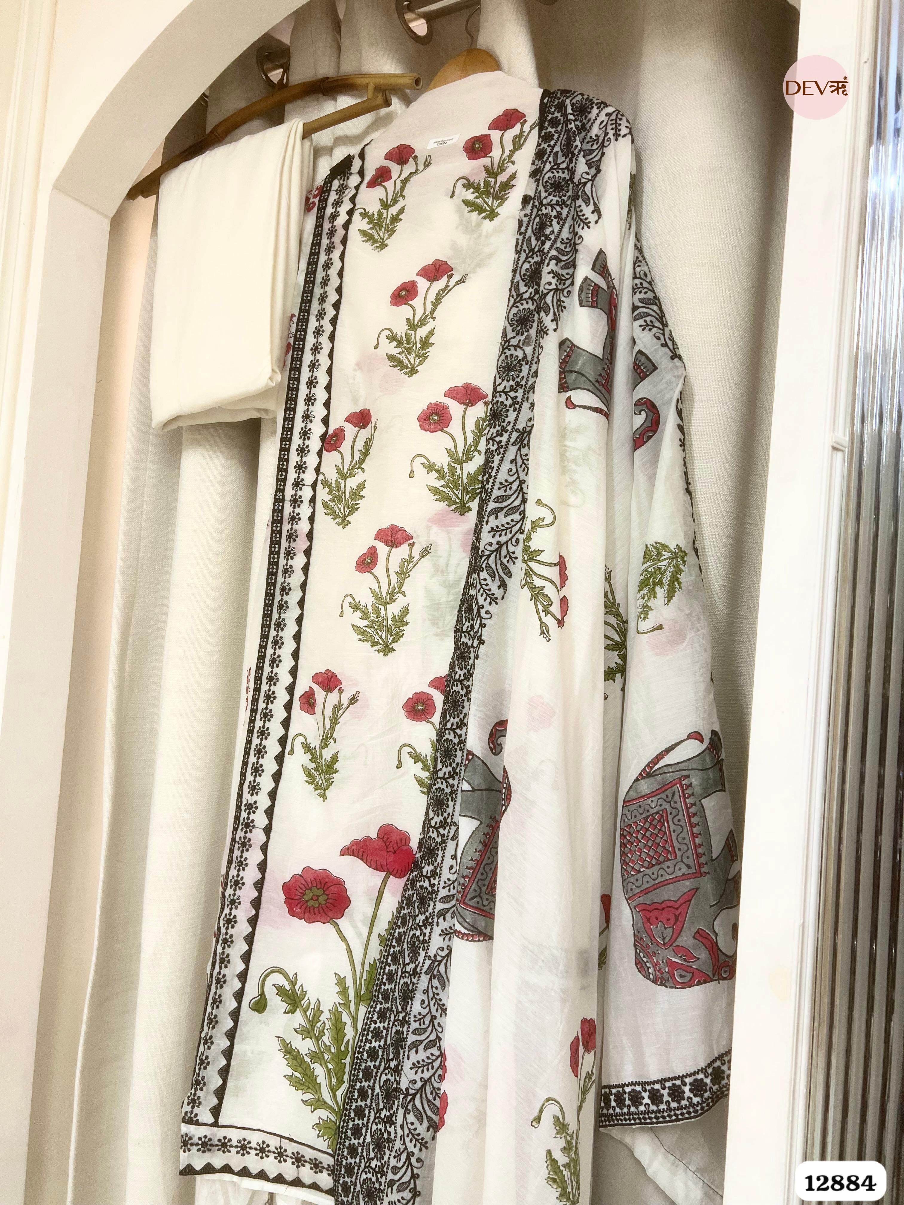White Mul Chanderi Printed Unstitched 3-Piece Suit (Devri – D.No 12884)