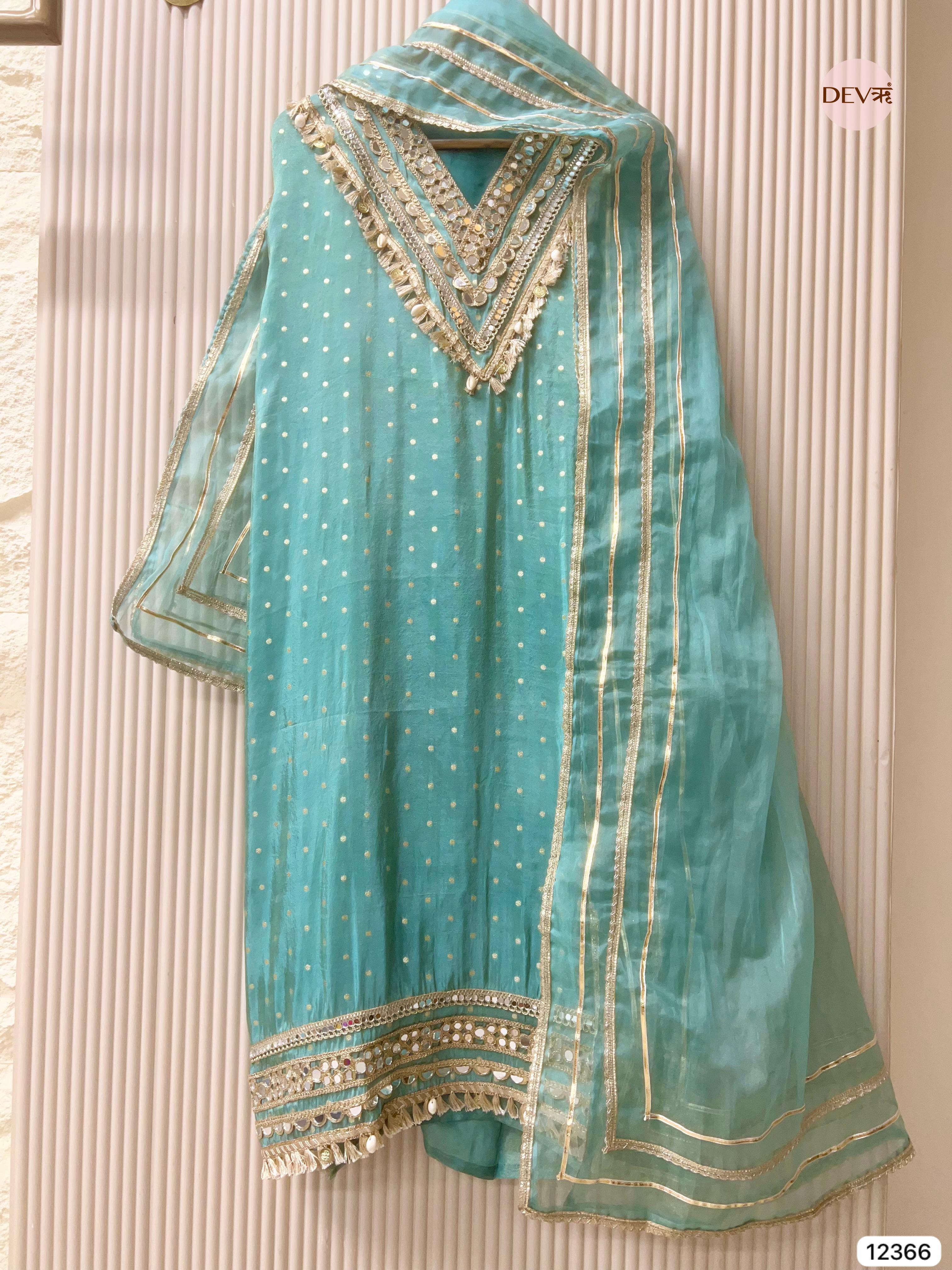 Sea Green Tissue Shimmer Embellished Unstitched 3-Piece Suit (Devri – D.No 12366)