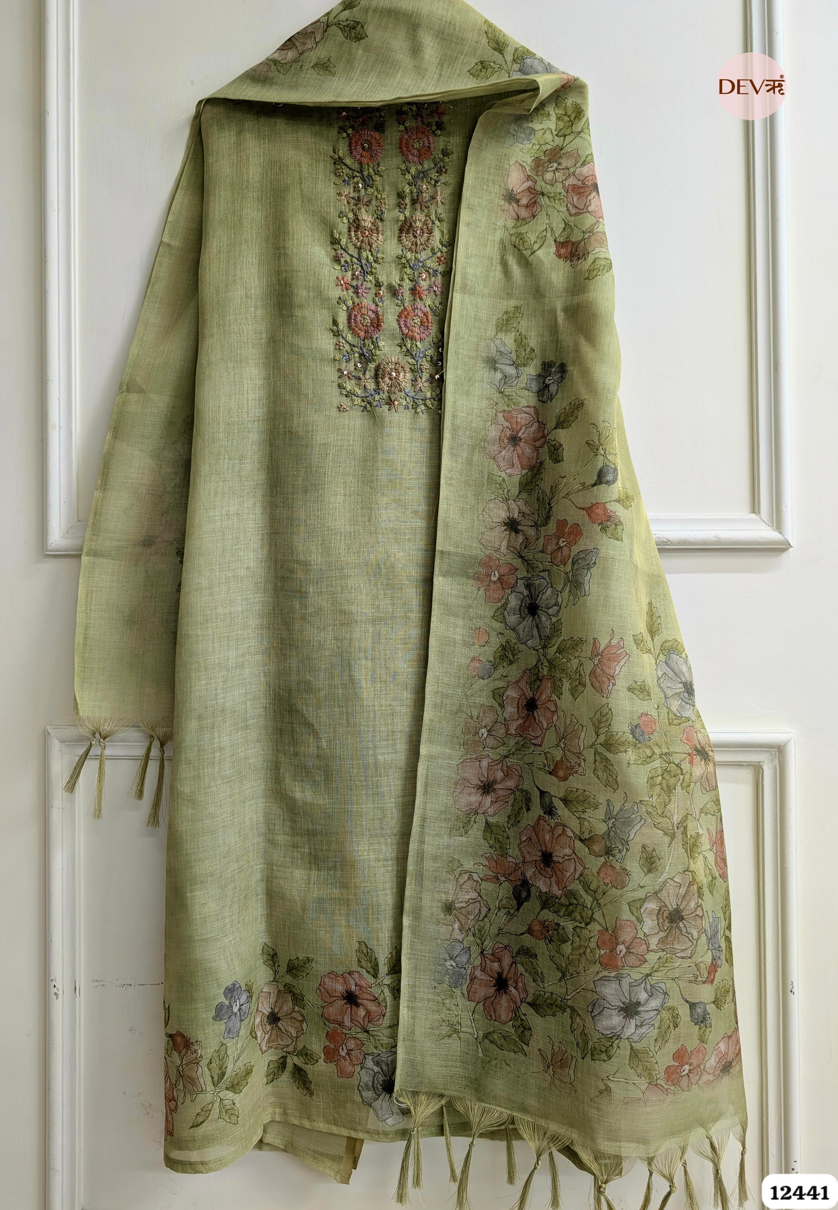 Sage Green Linen Embroidered Unstitched 3-Piece Suit (Devri – D.No 12441)