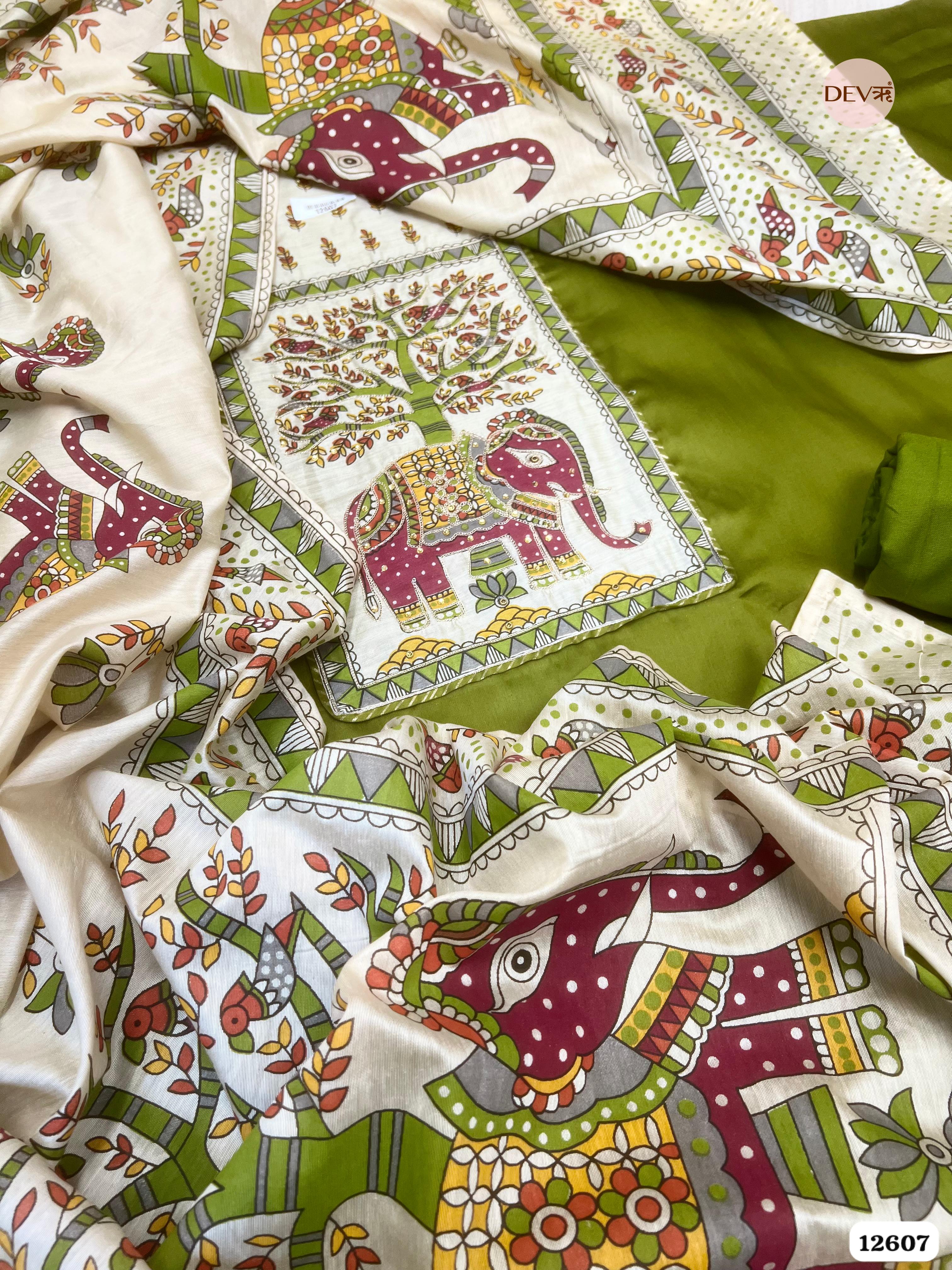 Olive Green Cotton Embroidered Unstitched 3-Piece Suit (Devri – D.No 12607)