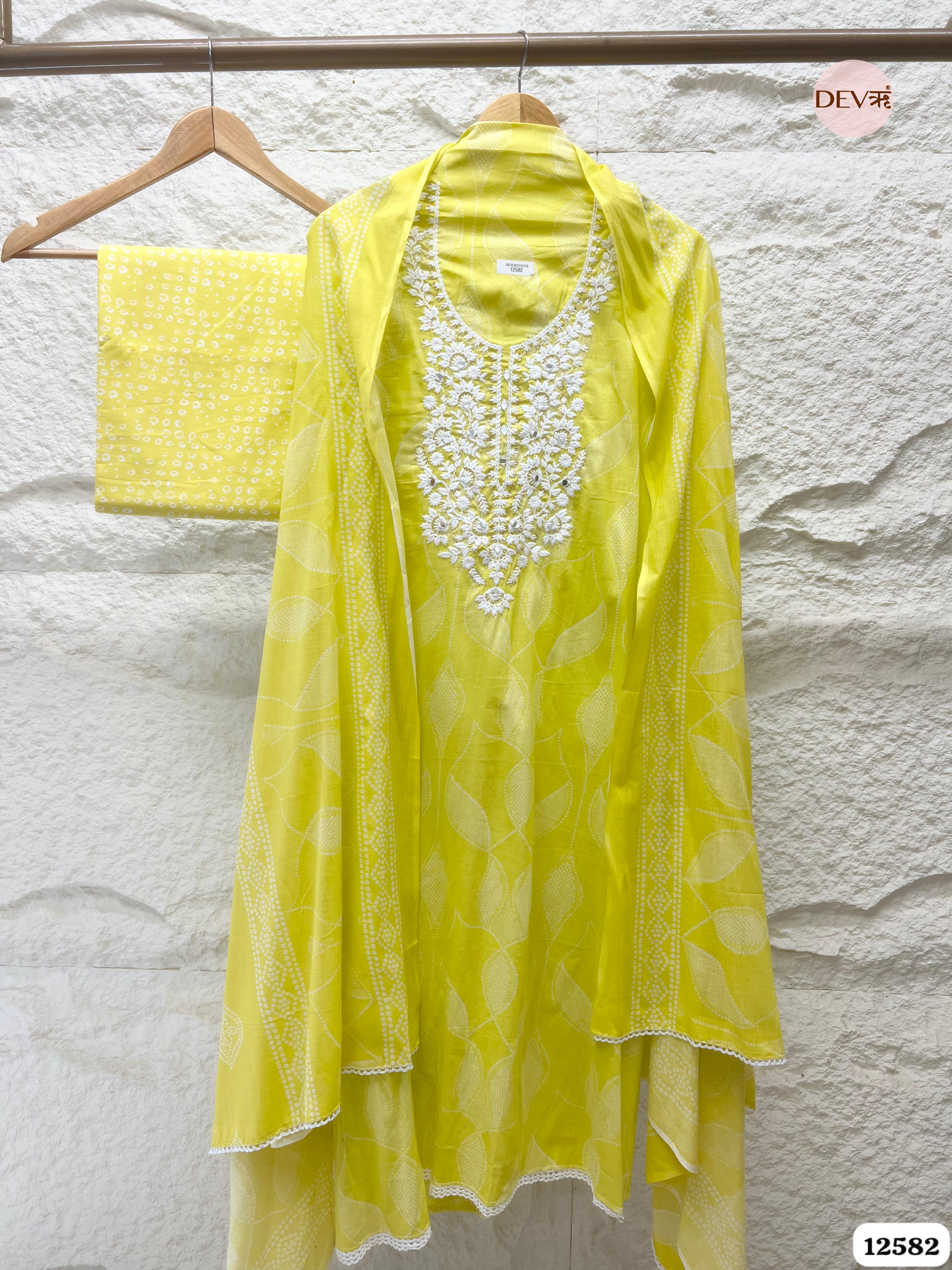 Sunshine Yellow Cotton Embroidered Unstitched 3-Piece Suit (Devri – D.No 12582)