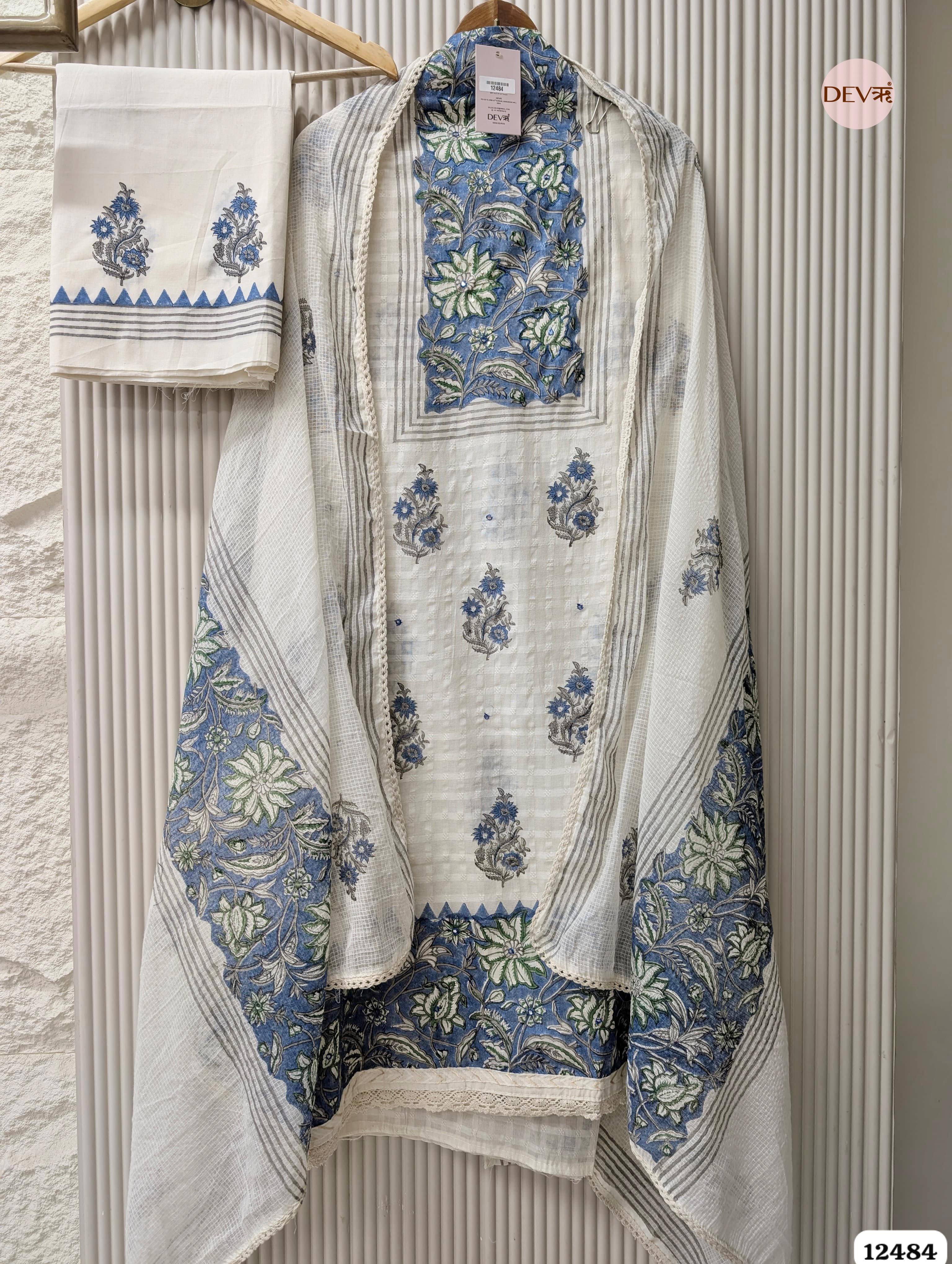 White & Blue Pure Cotton Printed Unstitched 3-Piece Suit (Devri – D.No 12484)