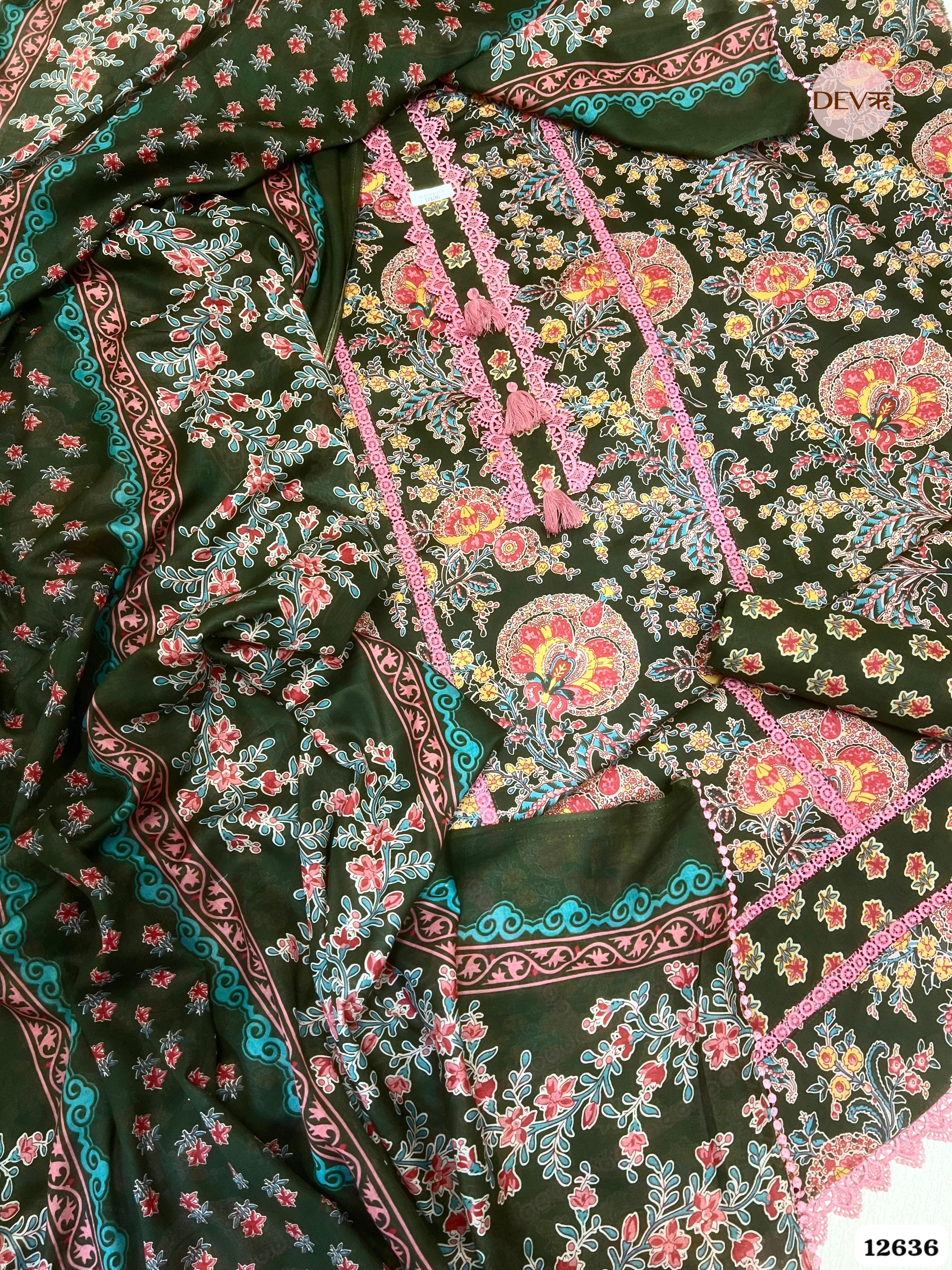 Olive Green Cotton Floral Printed Unstitched 3-Piece Suit (Devri – D.No 12636)