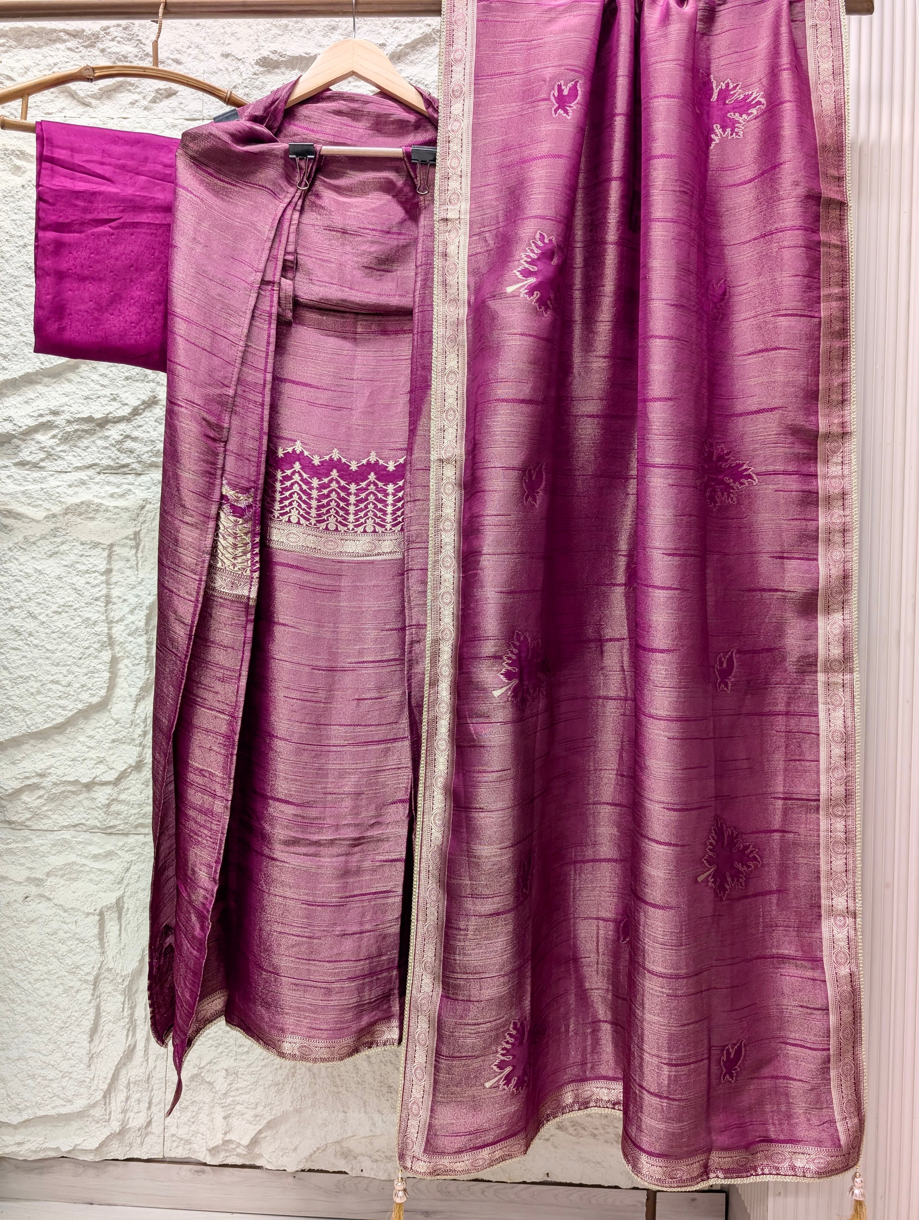 Magenta Pure Girafe Banarasi Silk Embroidered Unstitched 3-Piece Suit (Devri – D.No 13639)