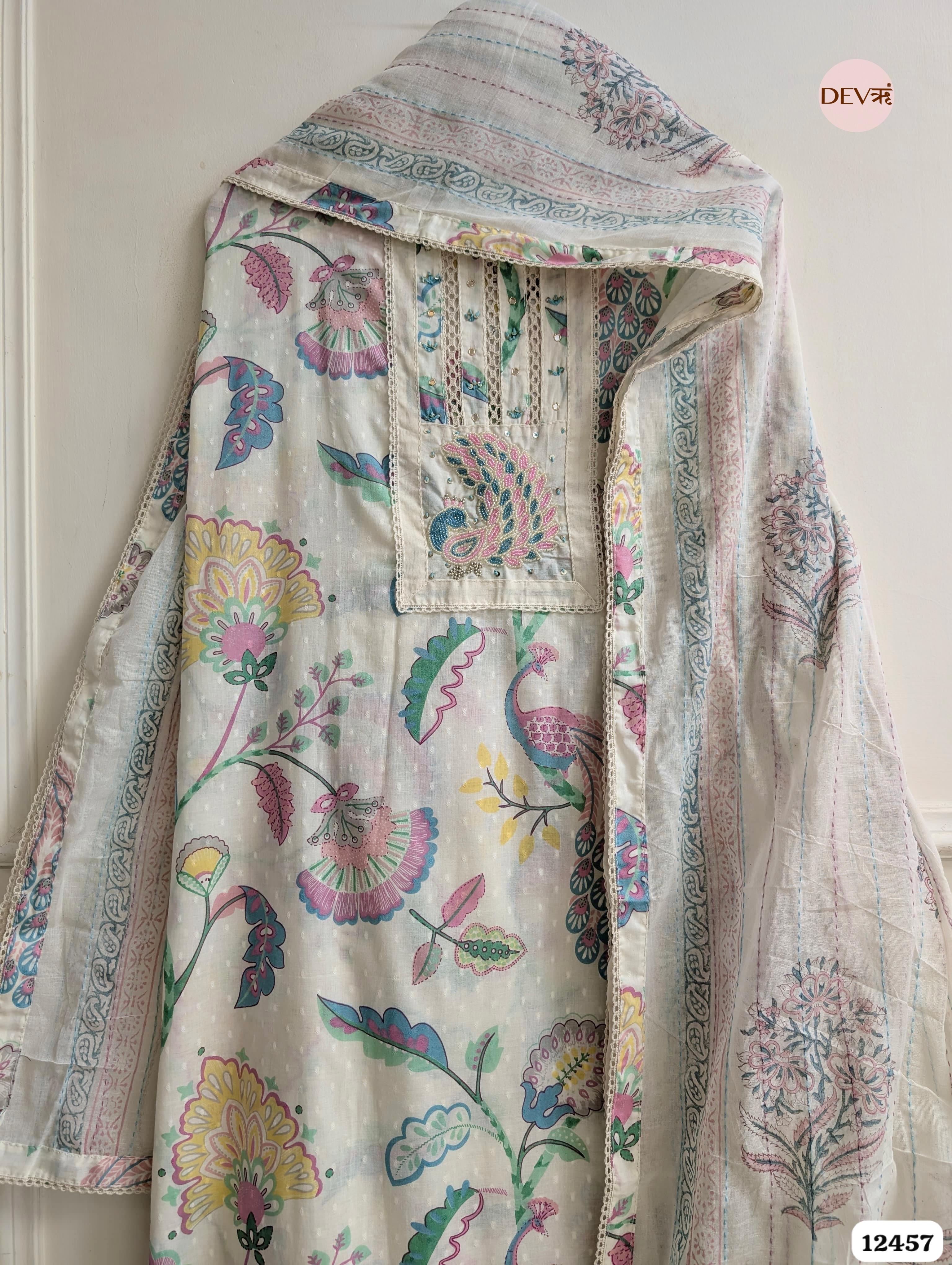 Cream & Multi-Color Pure Cotton Printed Unstitched 3-Piece Suit (Devri – D.No. 12457)