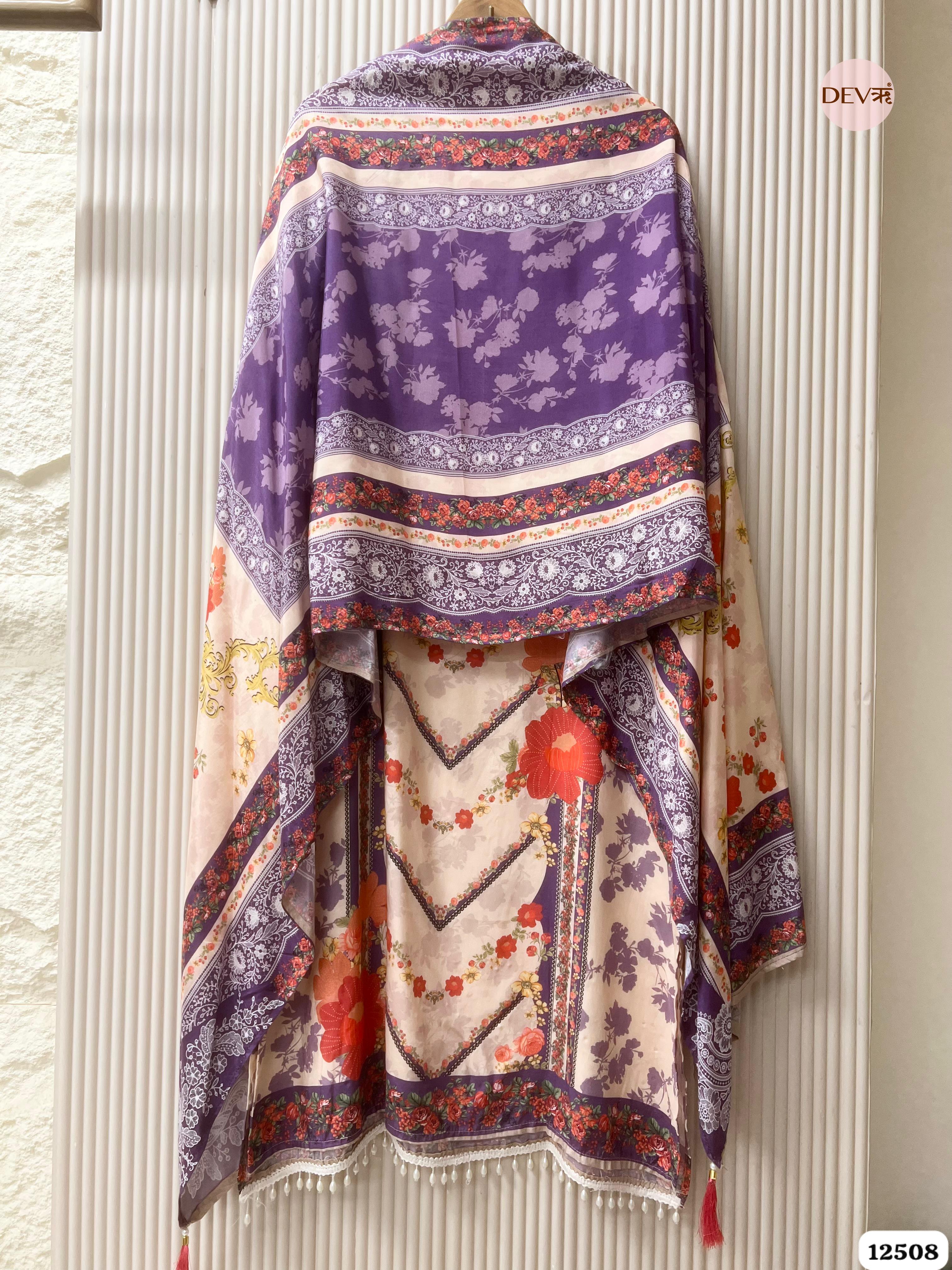 Purple & Cream Muslin Printed Unstitched 3-Piece Suit (Devri – D.No 12508)