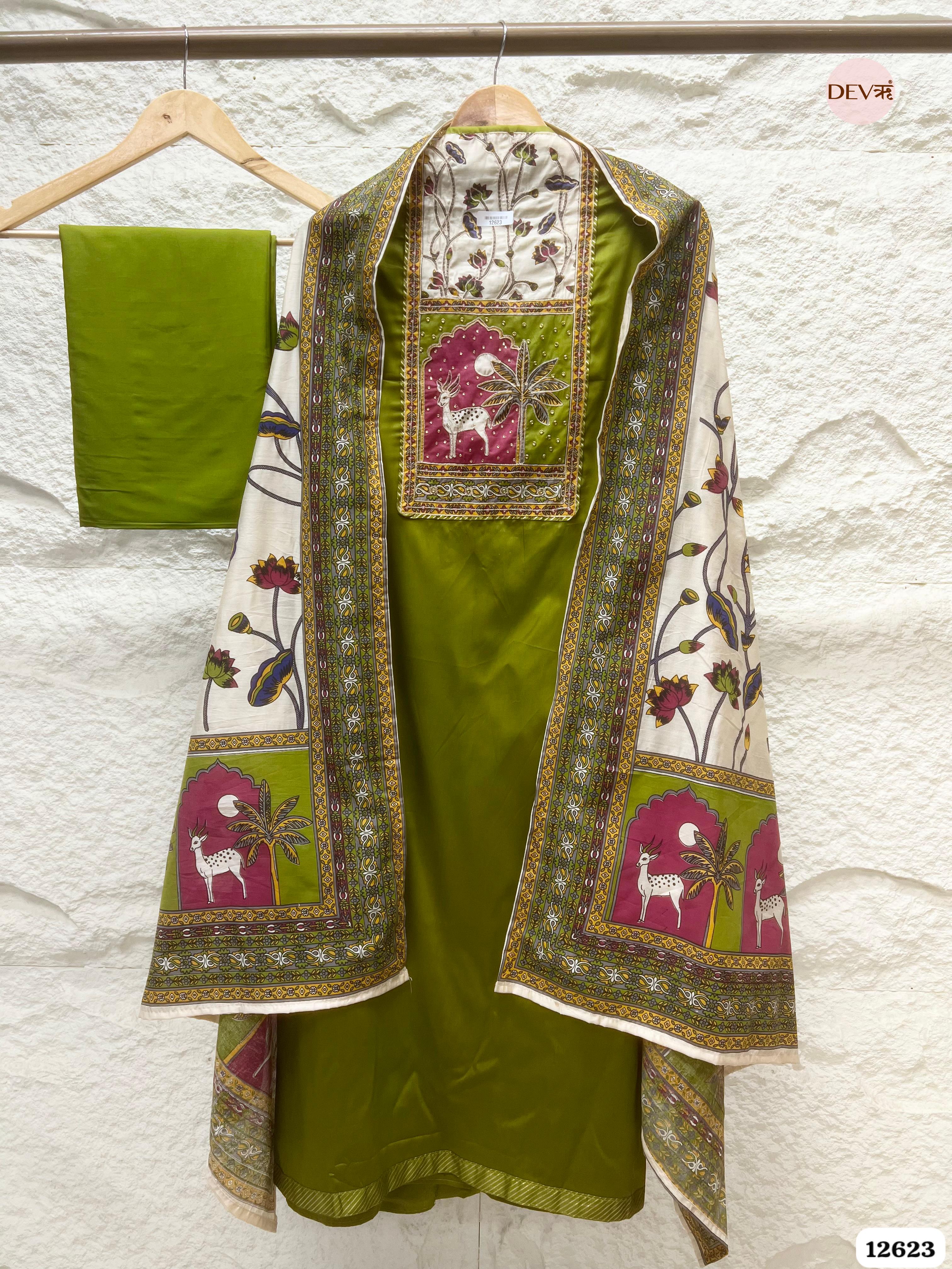 Olive Green Cotton Printed Unstitched 3-Piece Suit (Devri – D.No 12623)