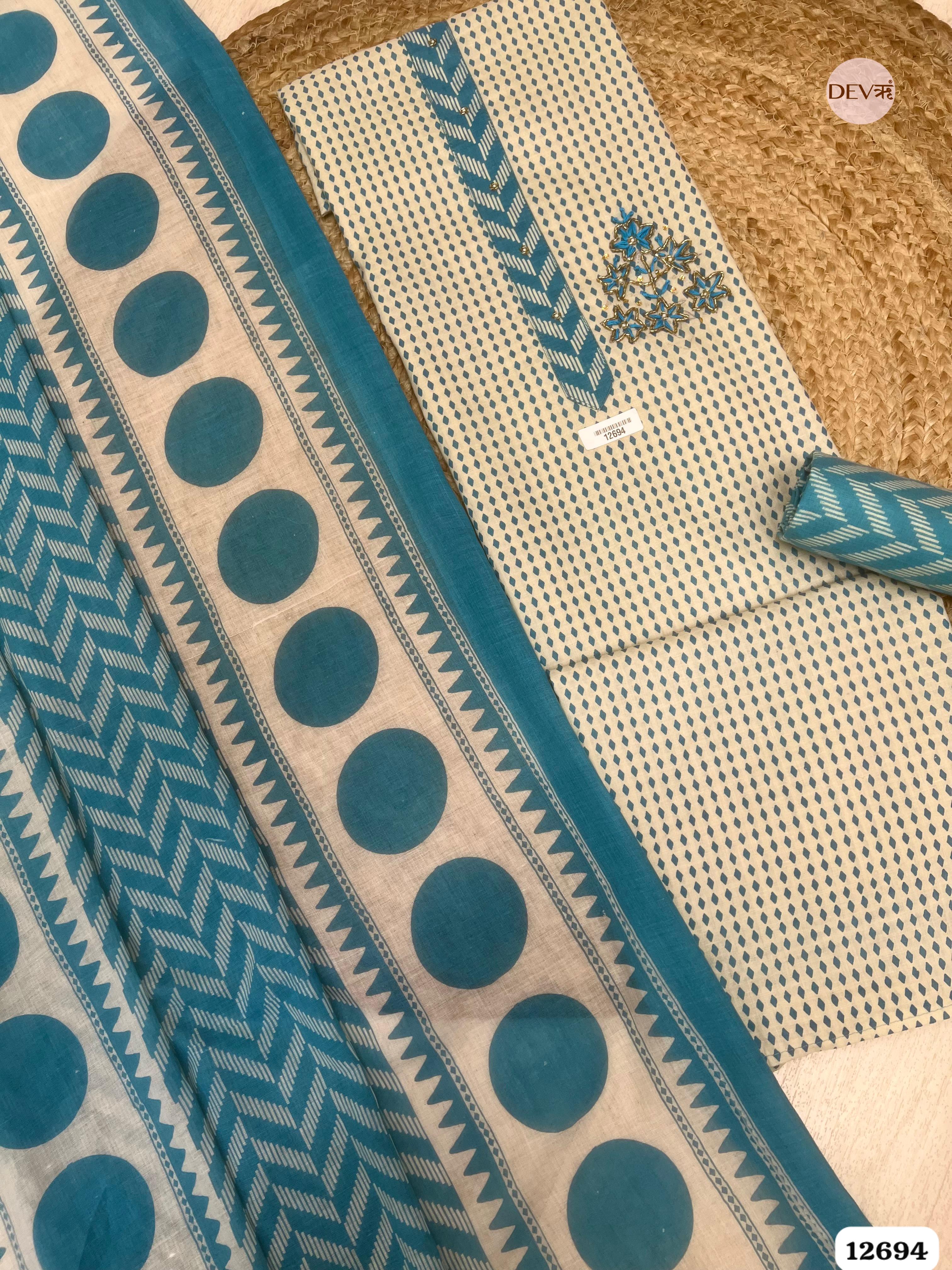 Sky Blue Cotton Printed Unstitched 3-Piece Suit (Devri – D.No 12694)