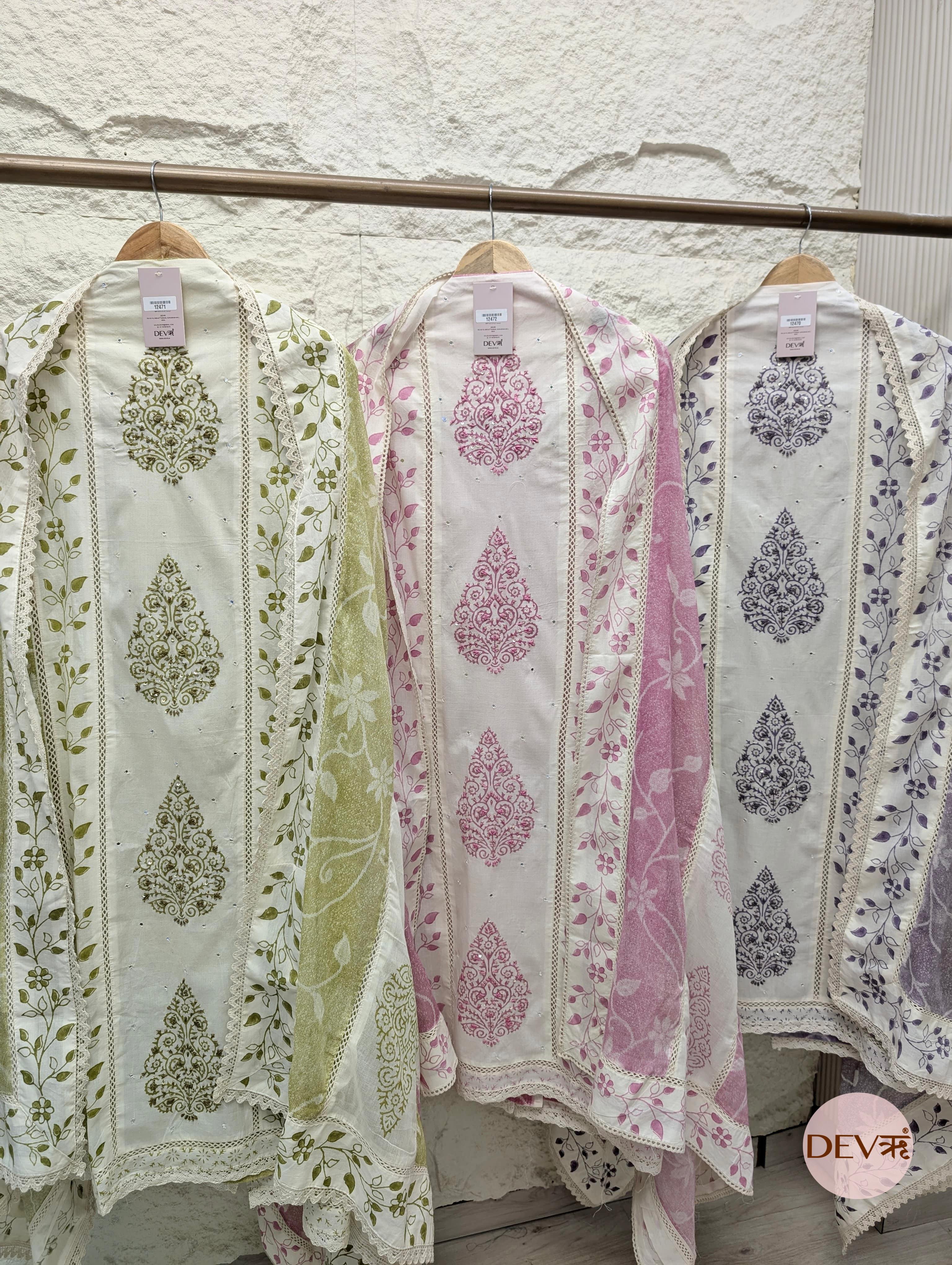 Olive Green & White Pure Cotton Printed & Embroidered Unstitched 3-Piece Suit (Devri – D.No 12471)