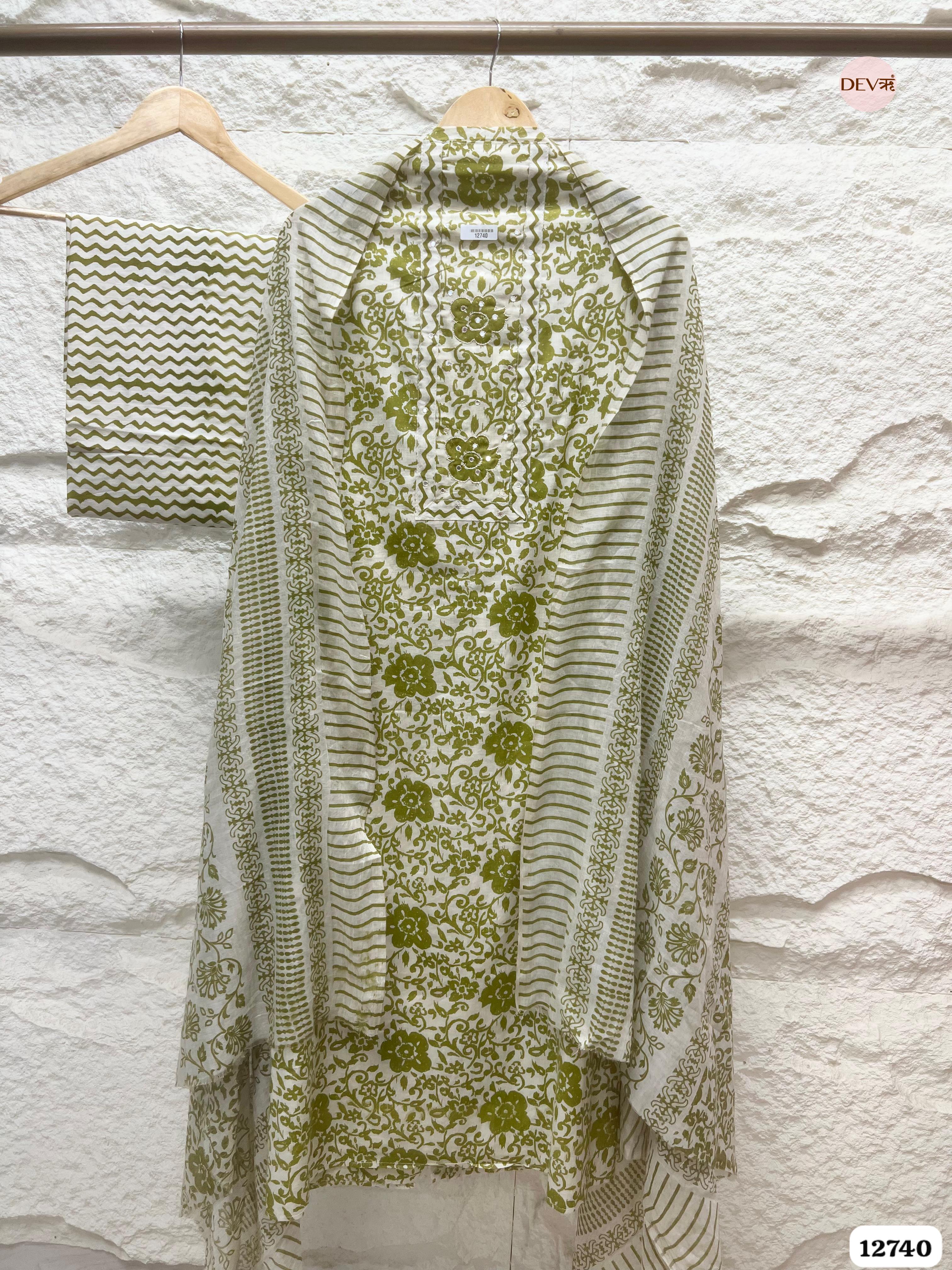 Olive Green Cotton Printed Unstitched 3-Piece Suit (Devri – D.No 12740)