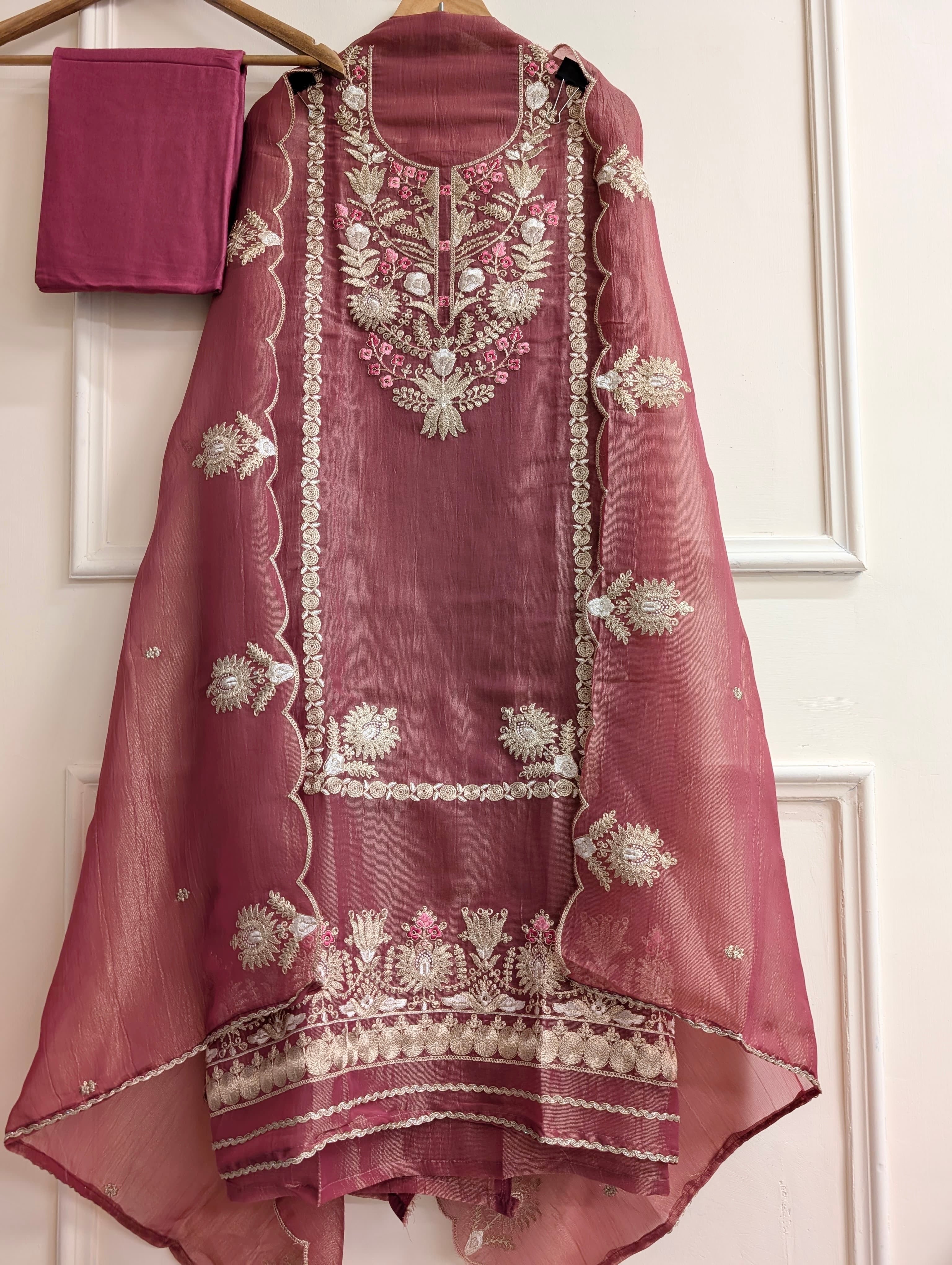 Mauve Pure Tissue Silk Embroidered Unstitched 3-Piece Suit (Devri – D.No 13761)