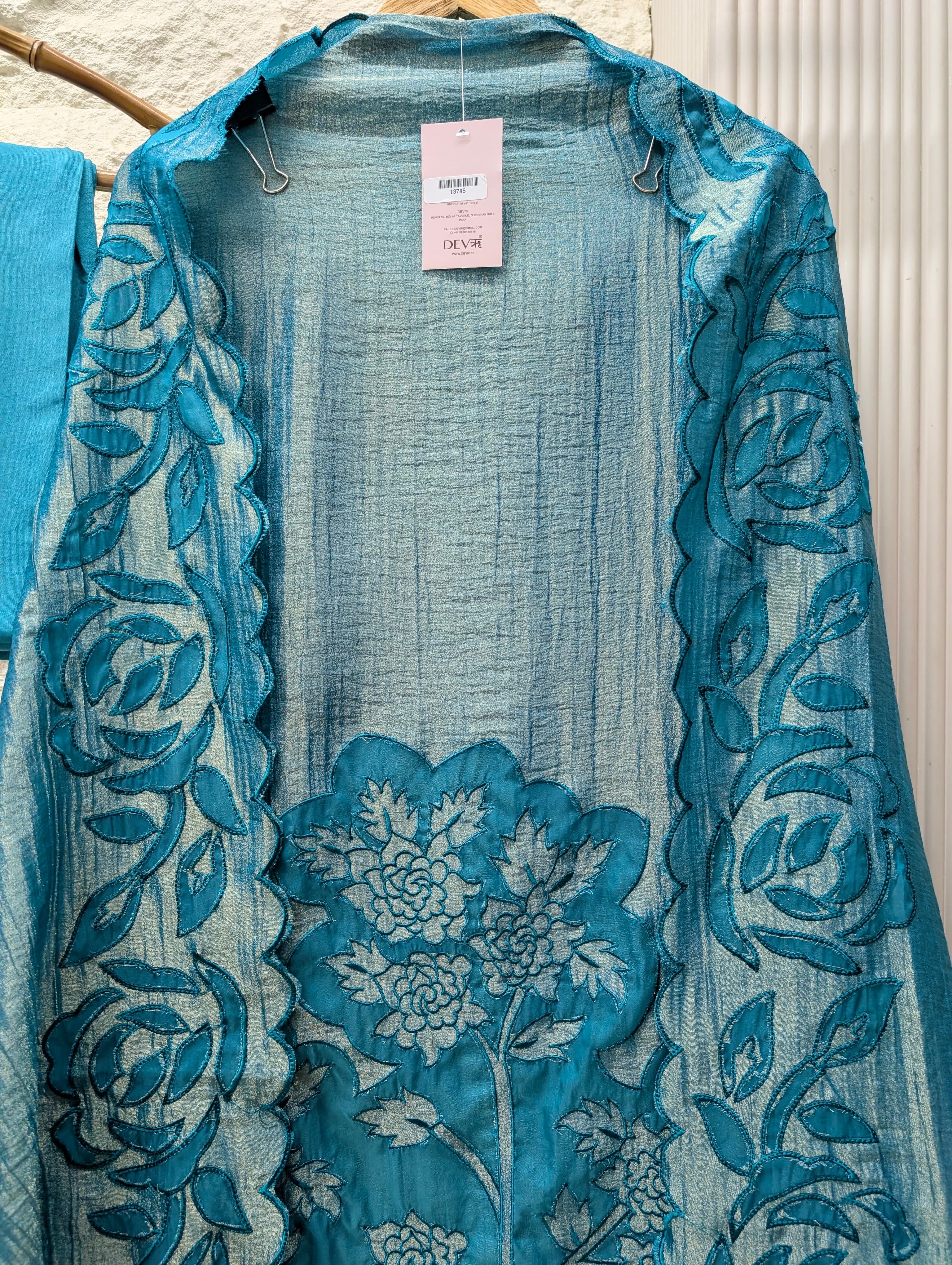 Blue Tissue Crush Silk Embroidered Unstitched 3-Piece Suit (Devri – D.No 13745)