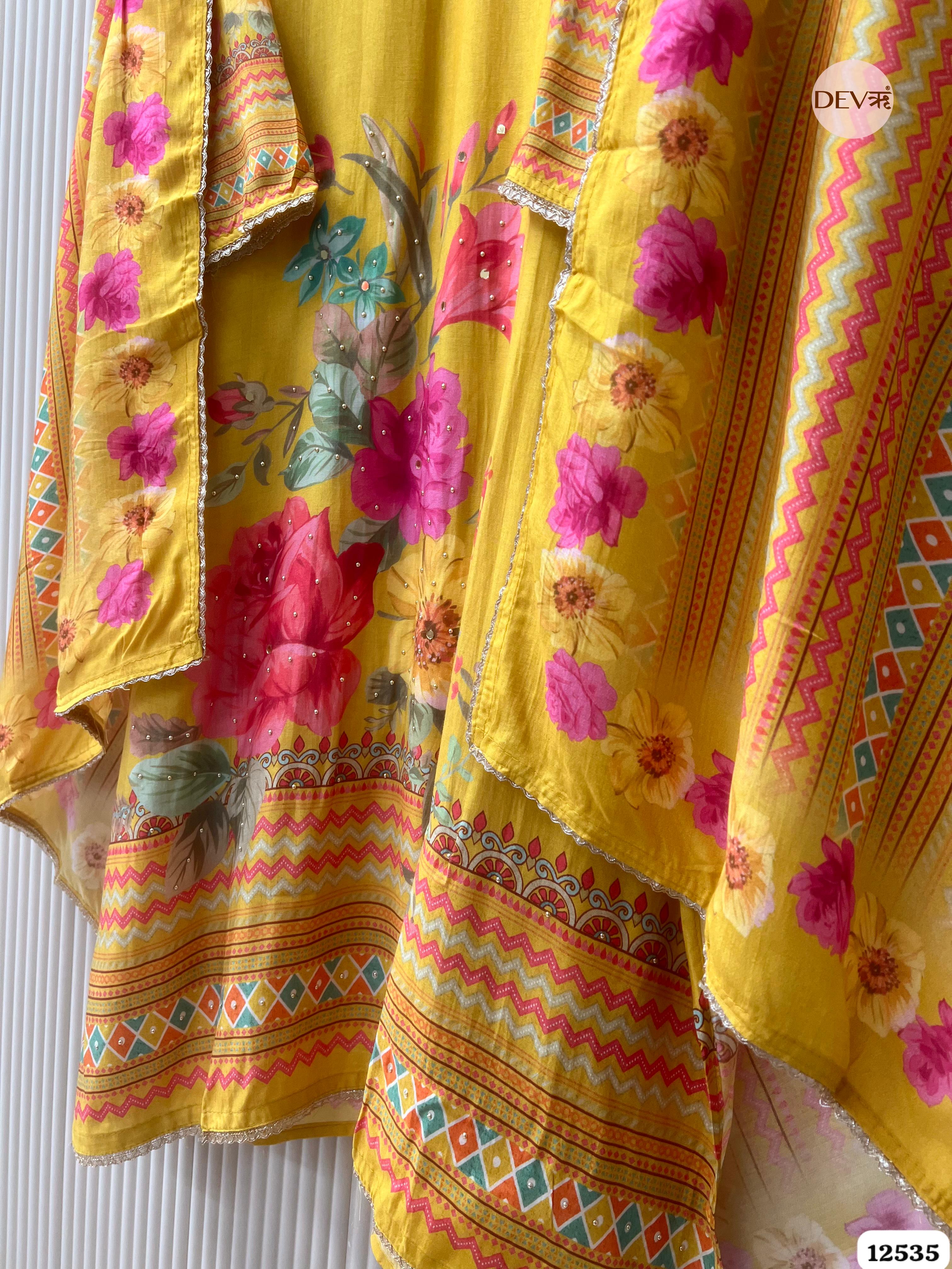 Yellow Muslin Printed Unstitched 3-Piece Suit (Devri – D.No. 12535)