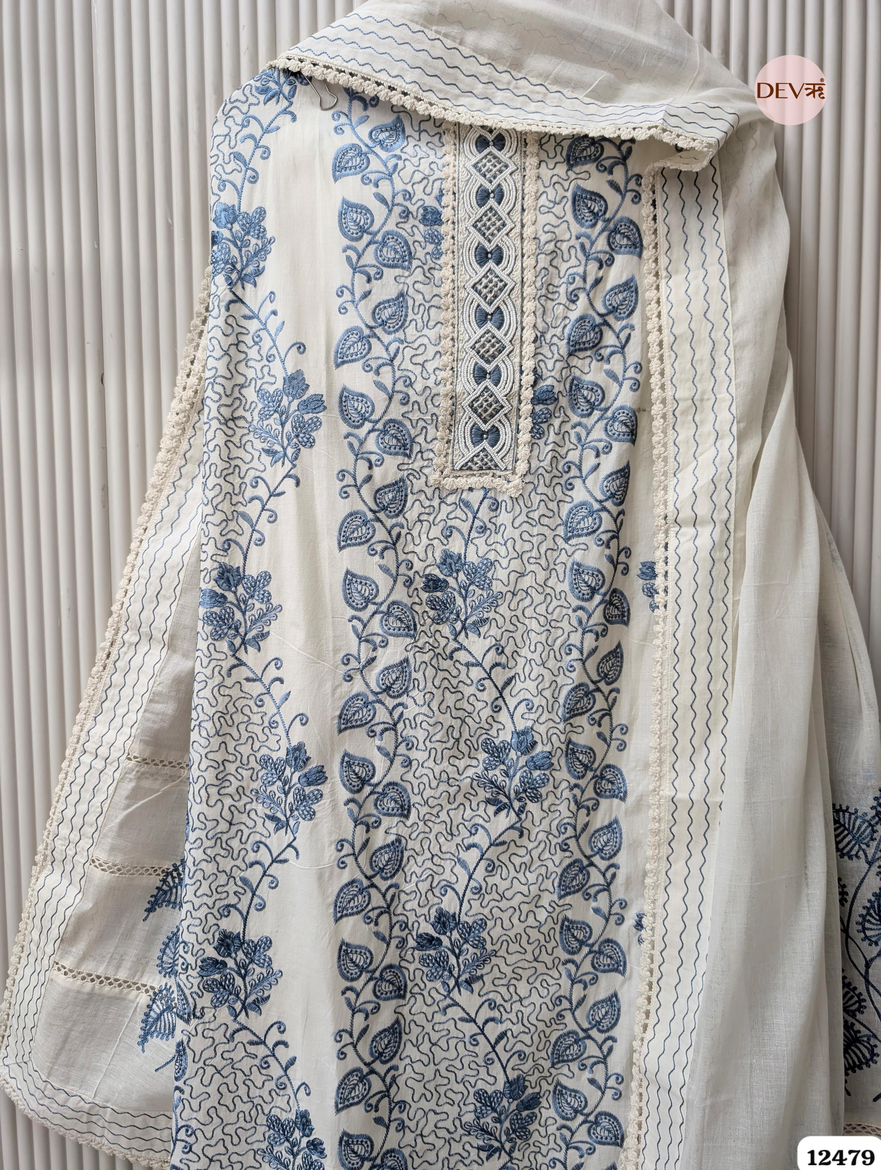 Teal Blue & White Pure Cotton Embroidered Unstitched 3-Piece Suit (Devri – D.No 12479)