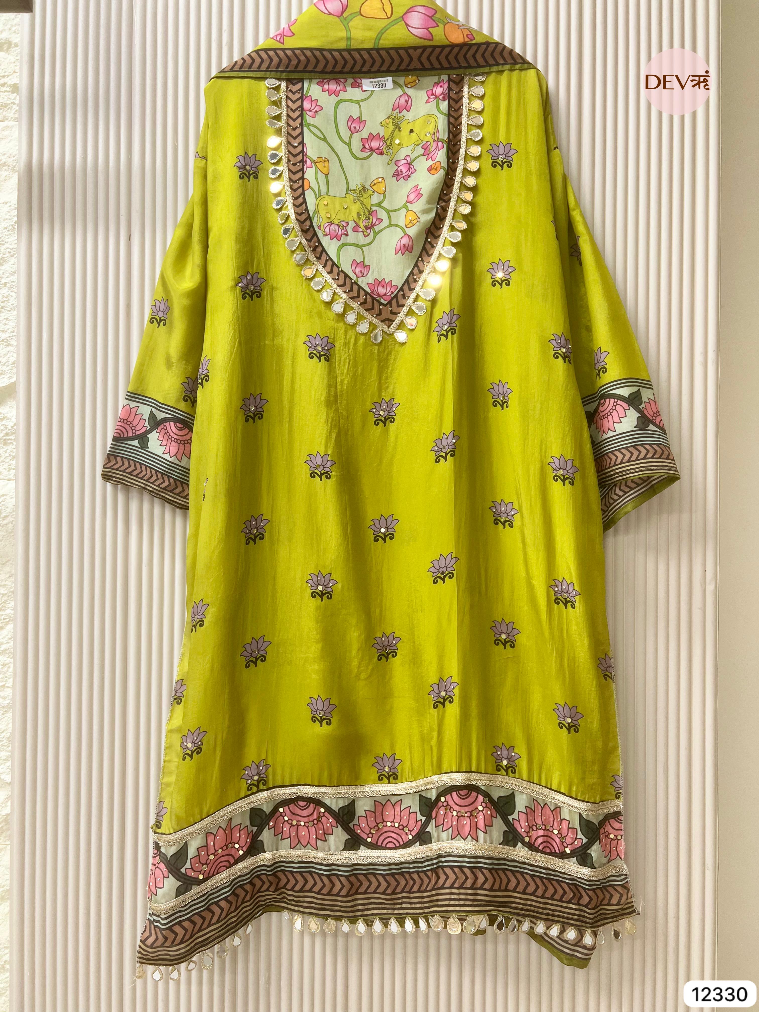 Lime Green Organza Silk Printed Unstitched 3-Piece Suit (Devri – D.No 12330)