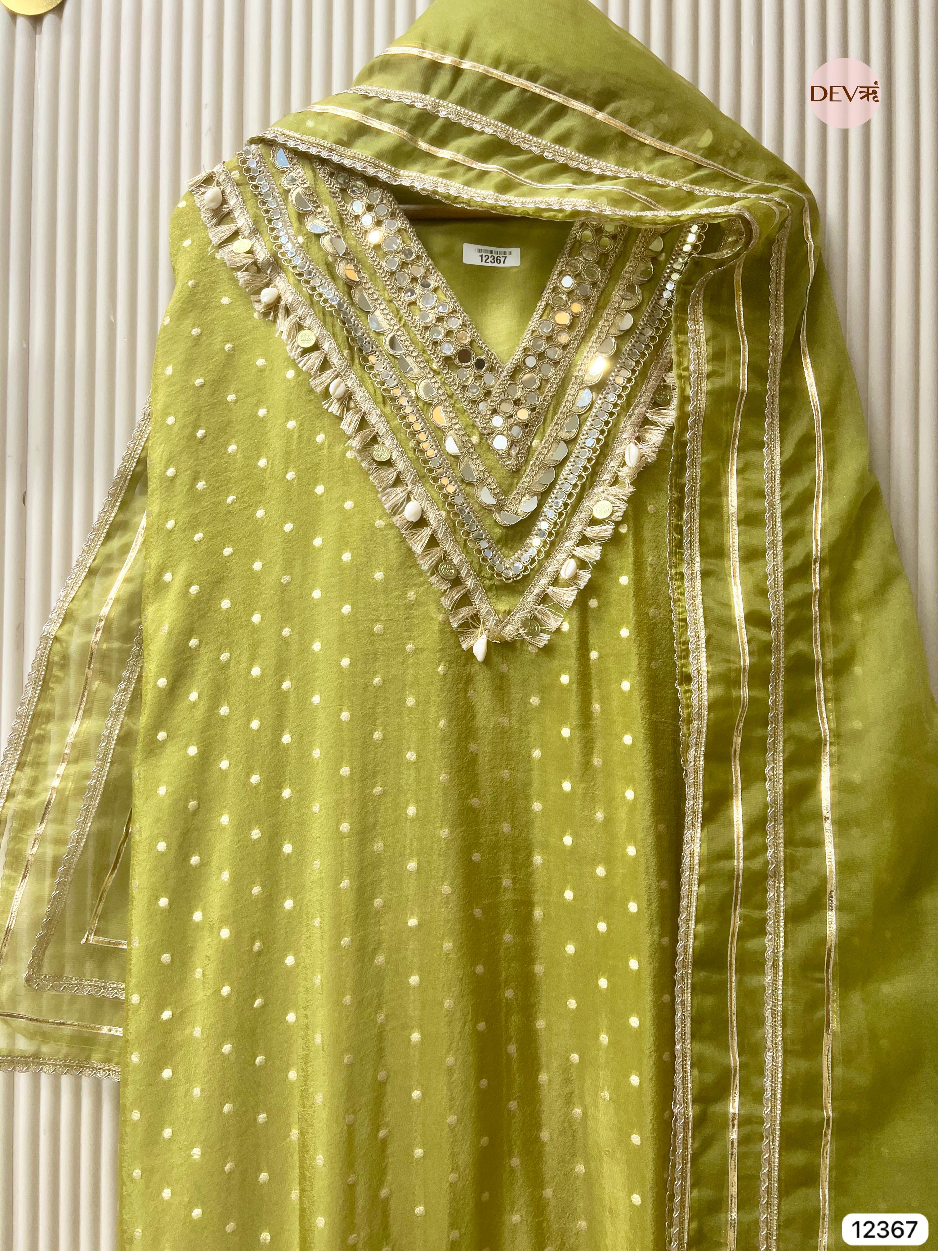 Olive Green Tissue Shimmer Embellished Unstitched 3-Piece Suit (Devri – D.No 12367)