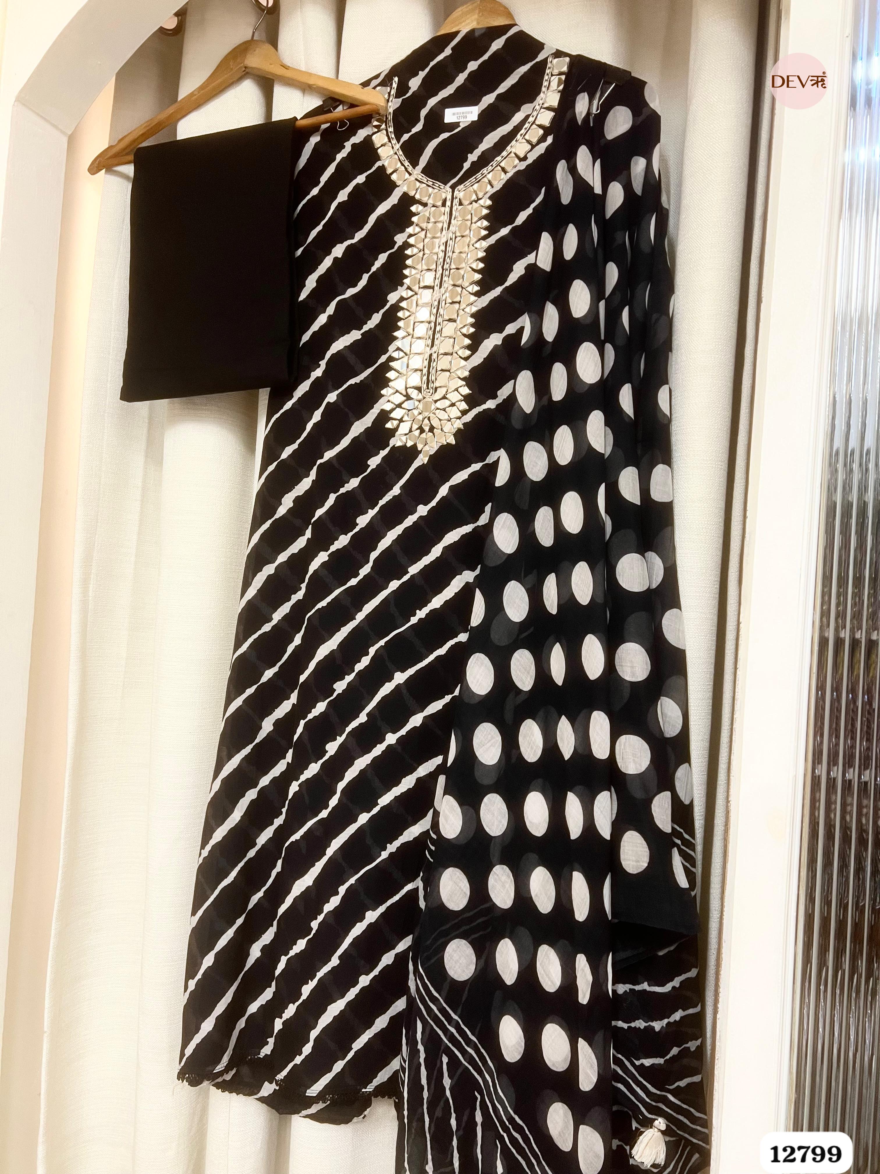 Black Mul Chanderi Printed Unstitched 3-Piece Suit (Devri – D.No 12799)