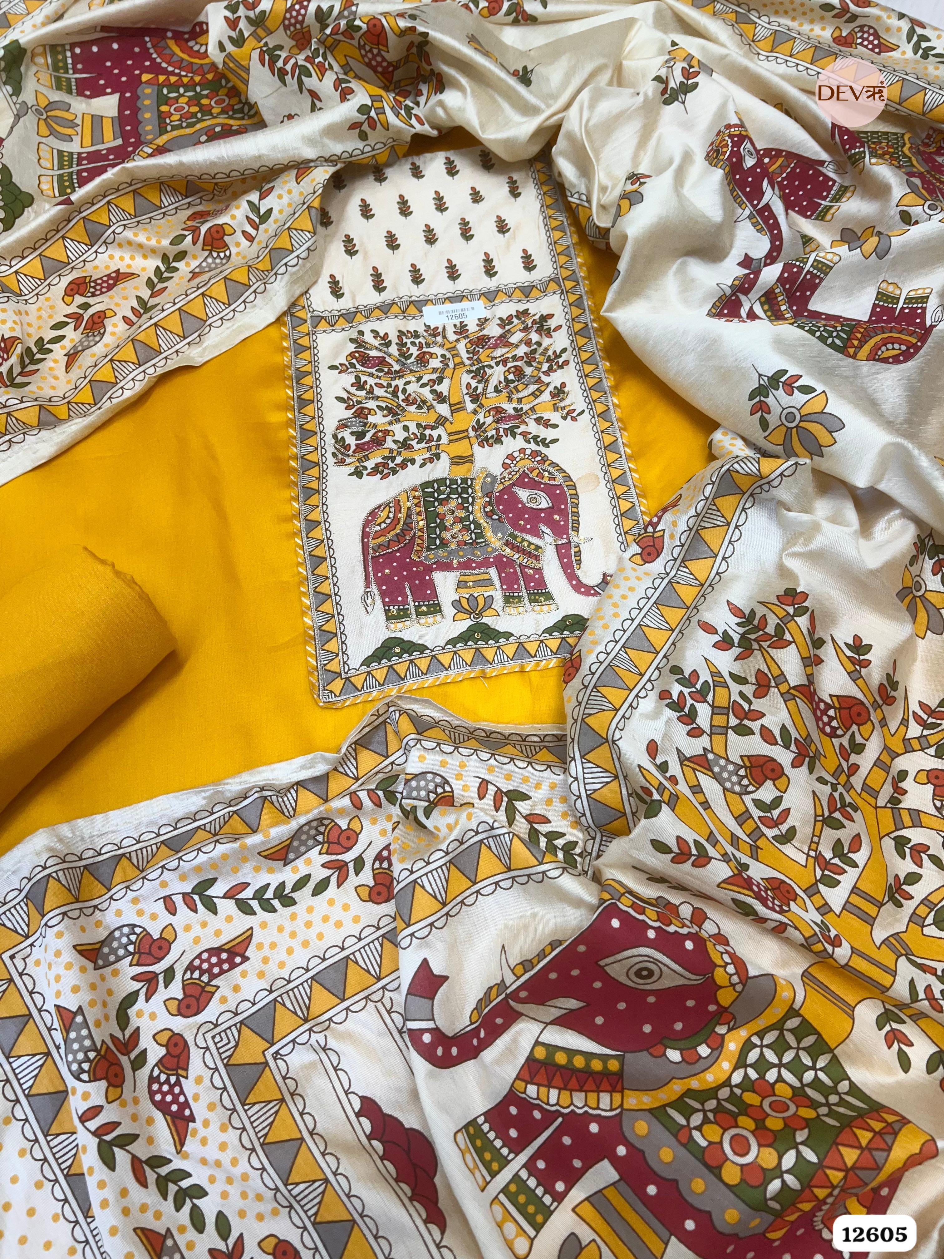 Mustard Yellow Cotton Embroidered Unstitched 3-Piece Suit (Devri – D.No. 12605)