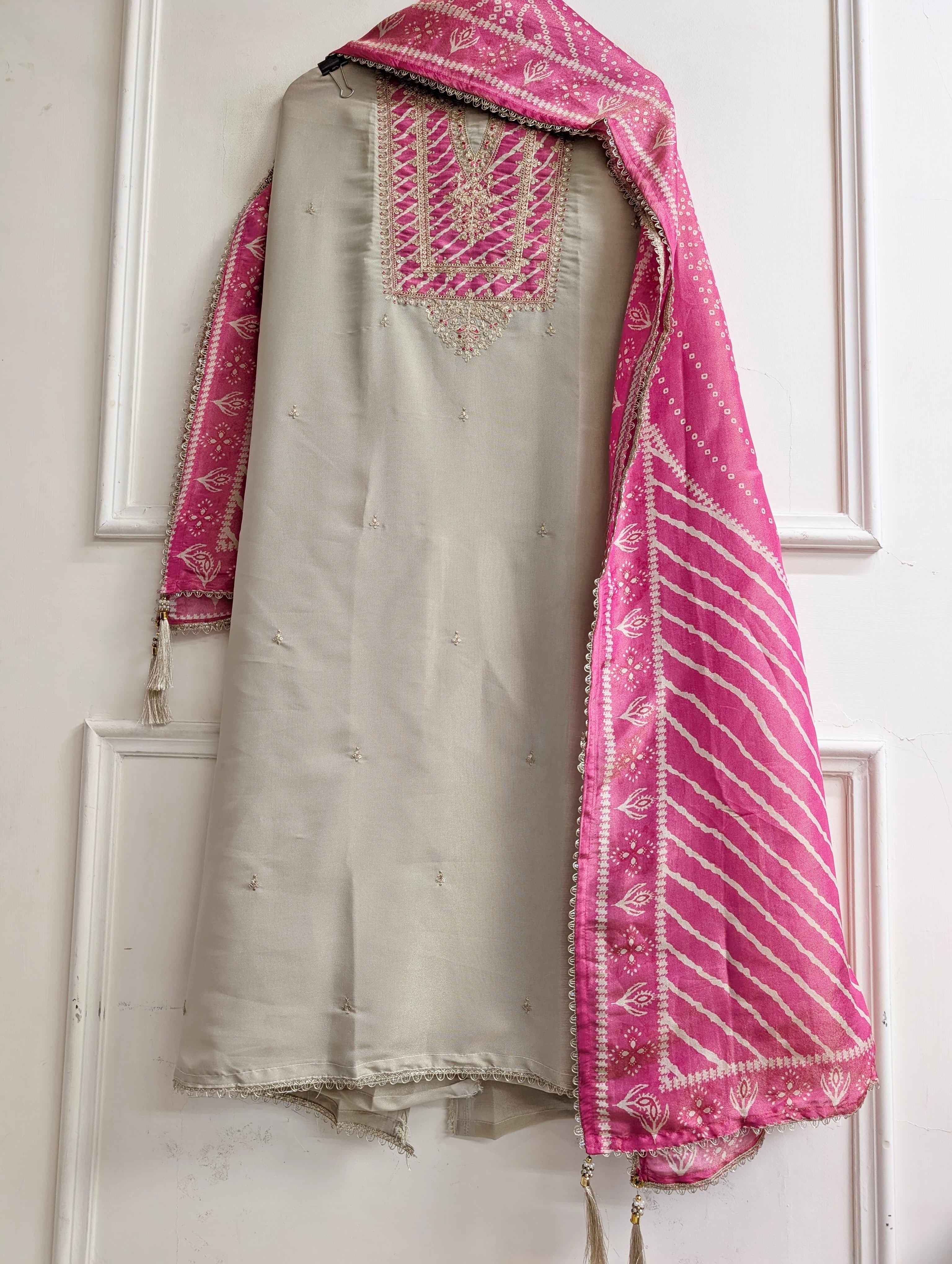 Beige Tissue Silk Embroidered Unstitched 3-Piece Suit (Devri – D.No 13719)