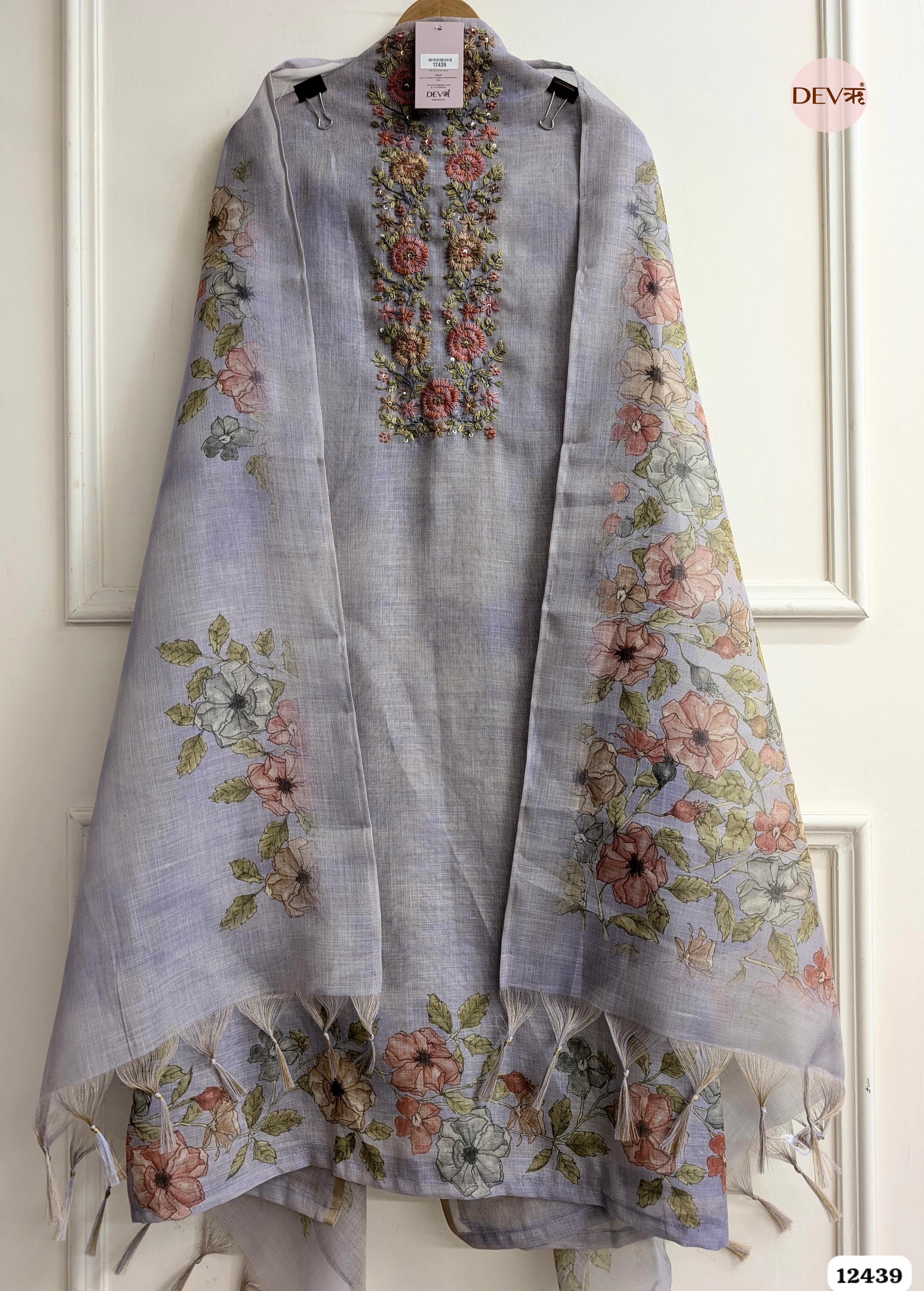 Lavender Linen Embroidered Unstitched 3-Piece Suit (Devri – D.No.12439)