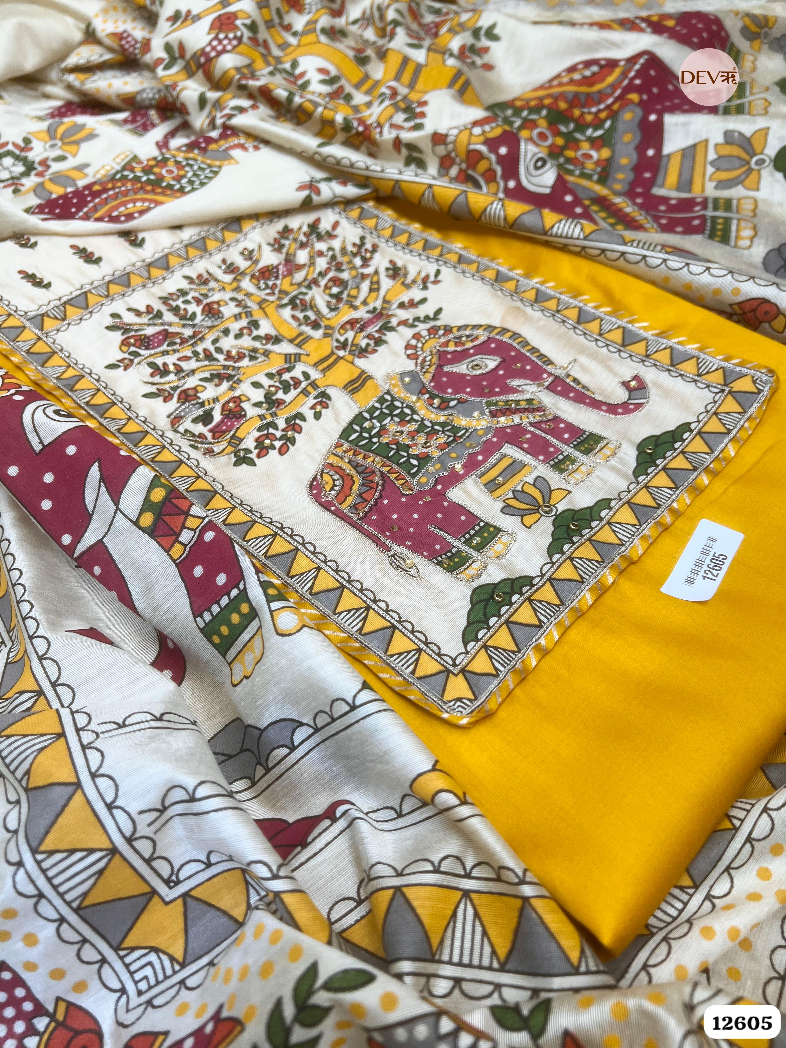 Mustard Yellow Cotton Embroidered Unstitched 3-Piece Suit (Devri – D.No. 12605)