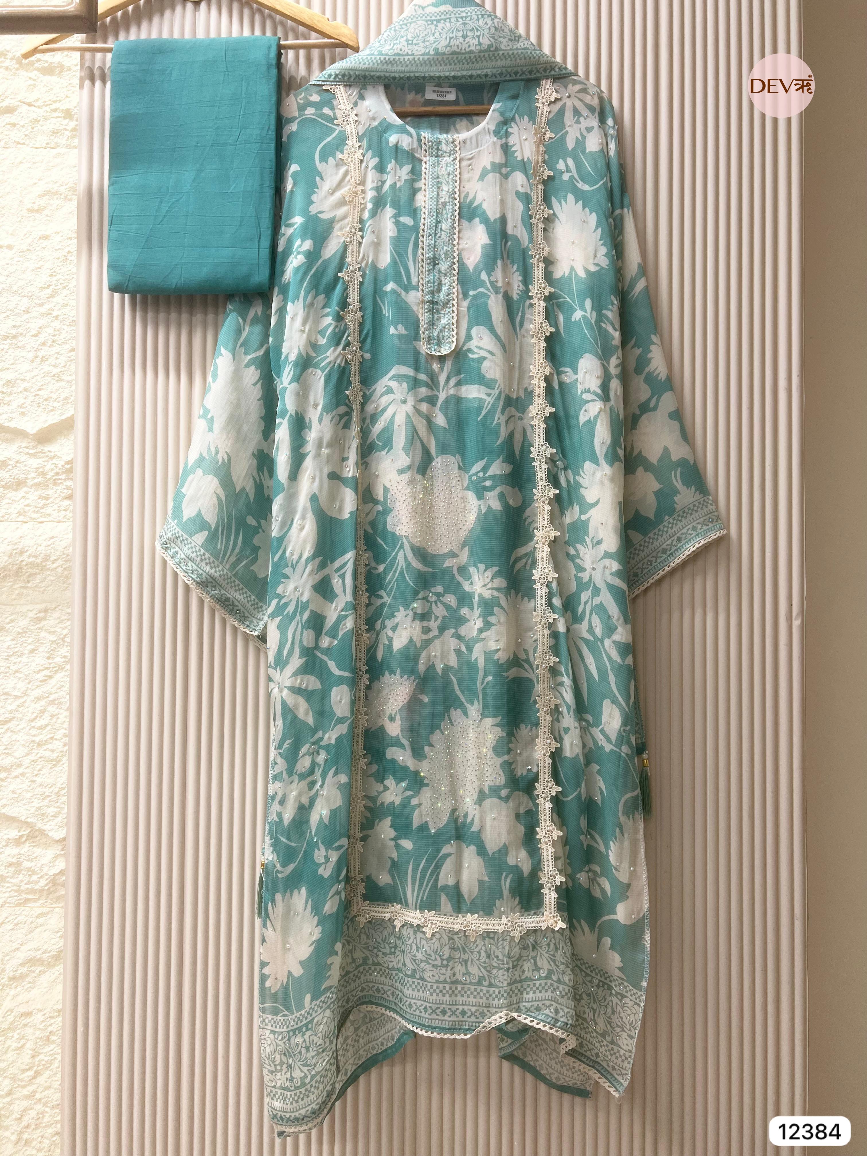 Sea Green Organza Printed Unstitched 3-Piece Suit (Devri – D.No 12384)