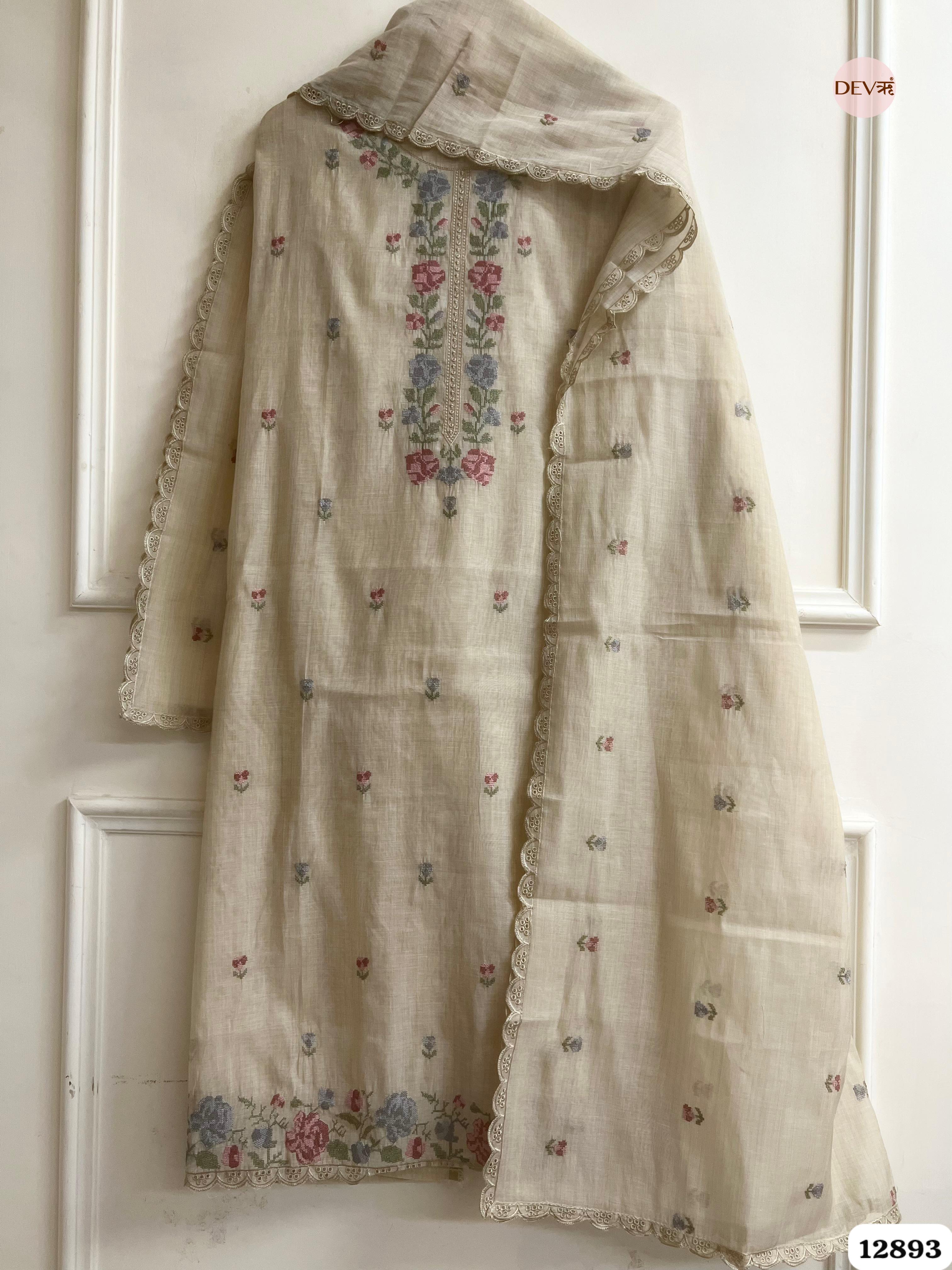 Beige Mul Chanderi Embroidered Unstitched 3-Piece Suit (Devri – D.No 12893)