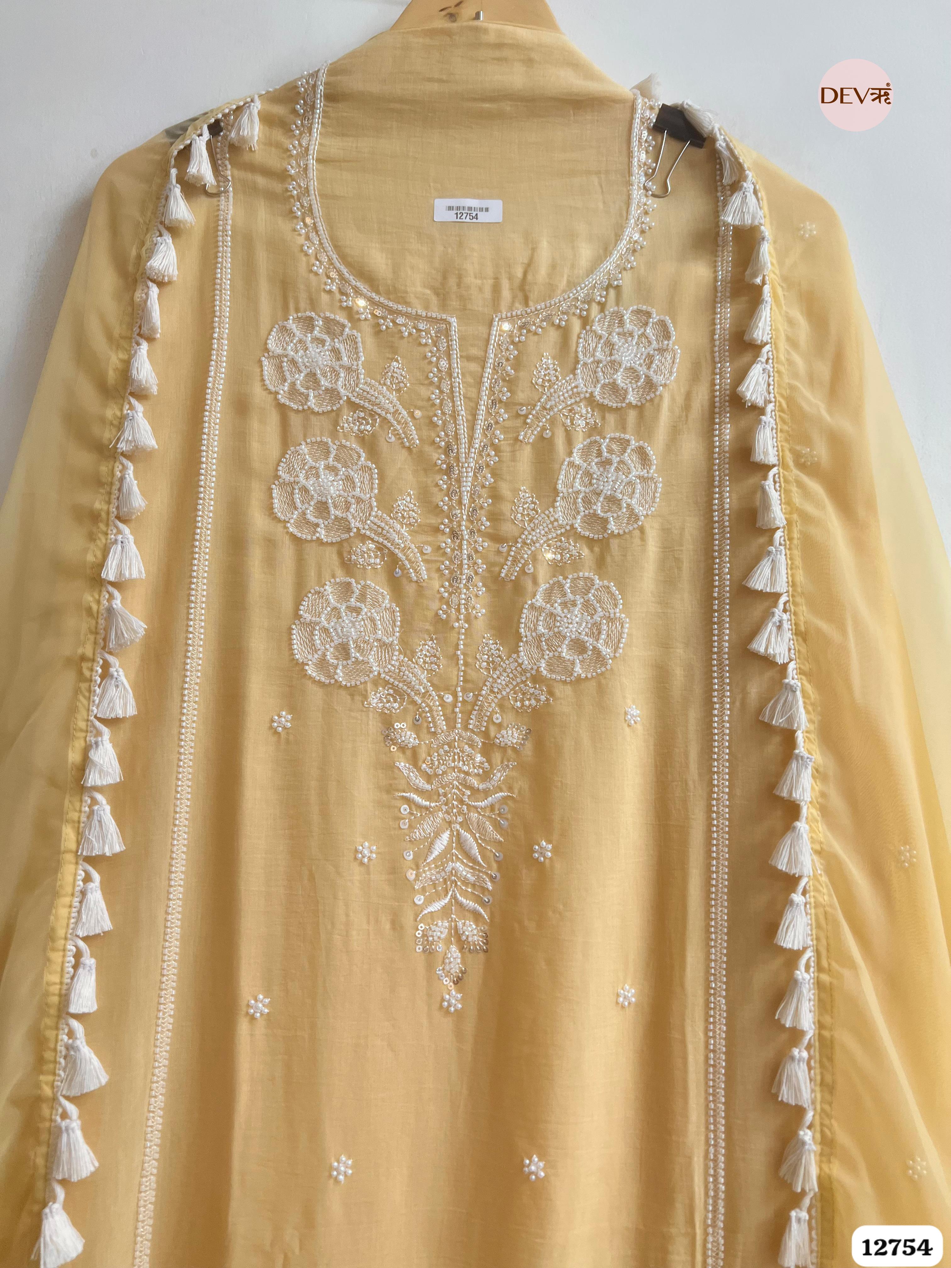 Yellow Mul Cotton Embroidered Unstitched 3-Piece Suit (Devri – D.No 12754)