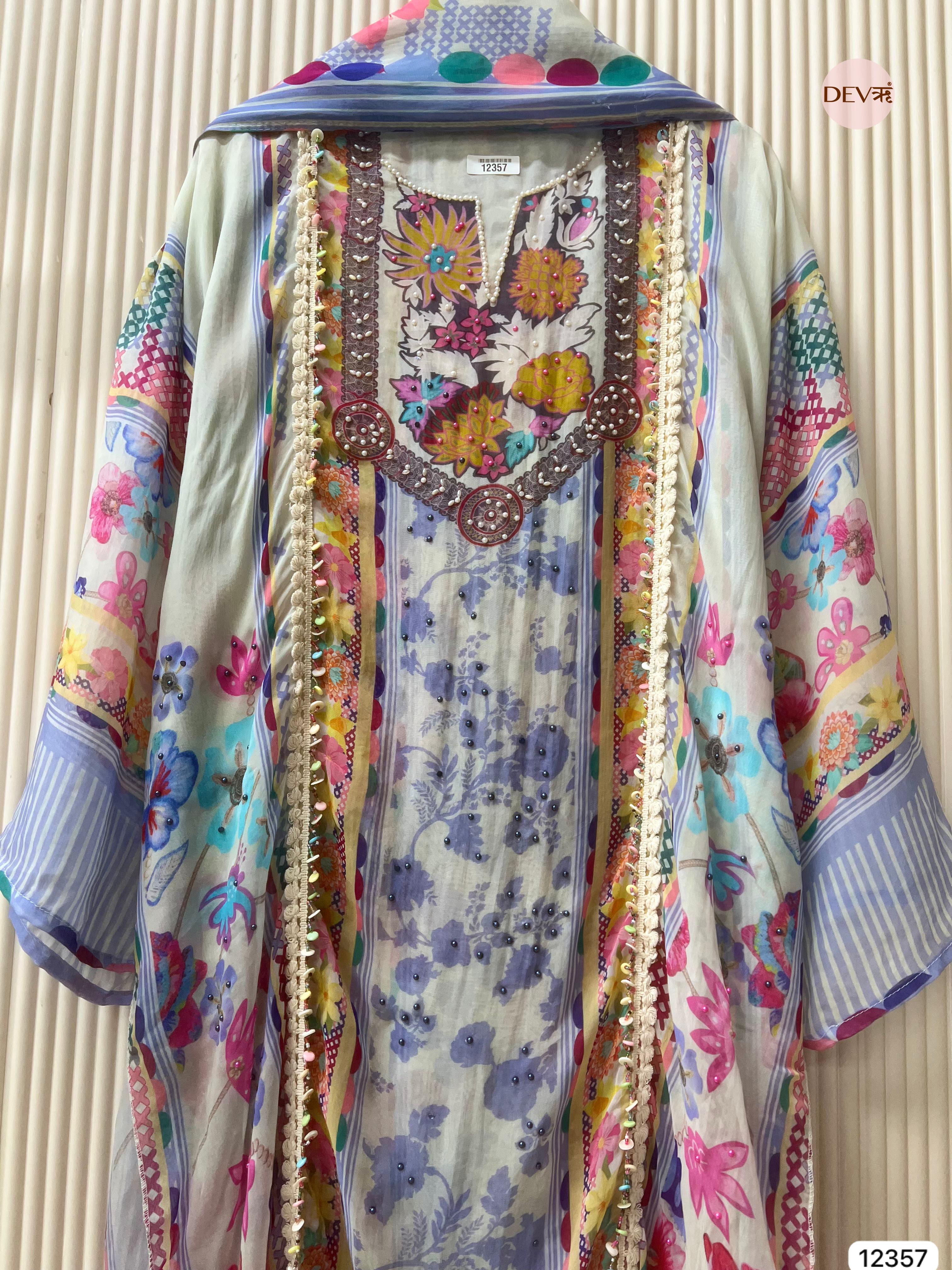 Pastel Blue Organza Embroidered Unstitched 3-Piece Suit (Devri – D.No 12357)