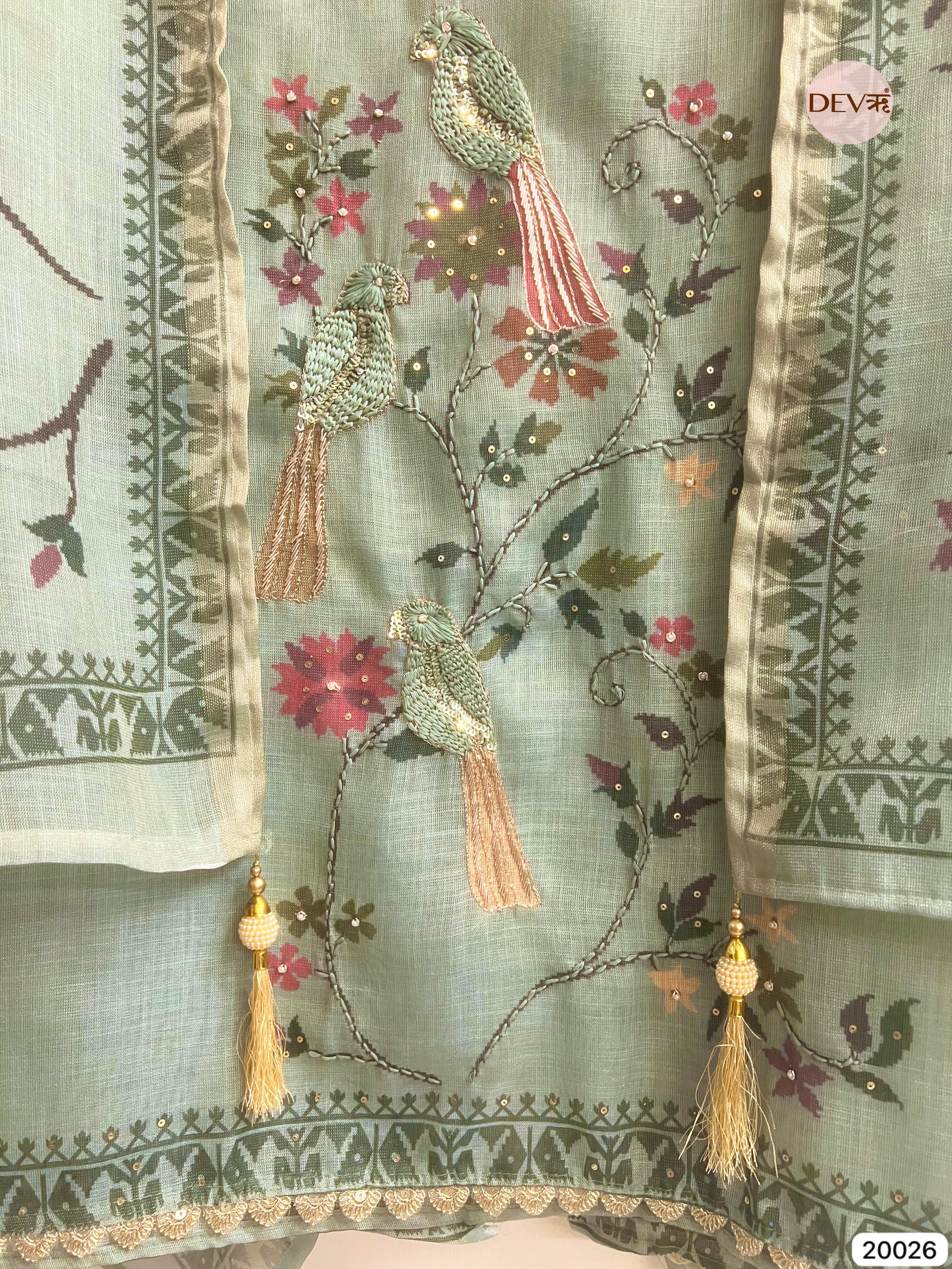 Sage Green Pure Linen Embroidered Unstitched 3-Piece Suit (Devri – D.No . 20026)