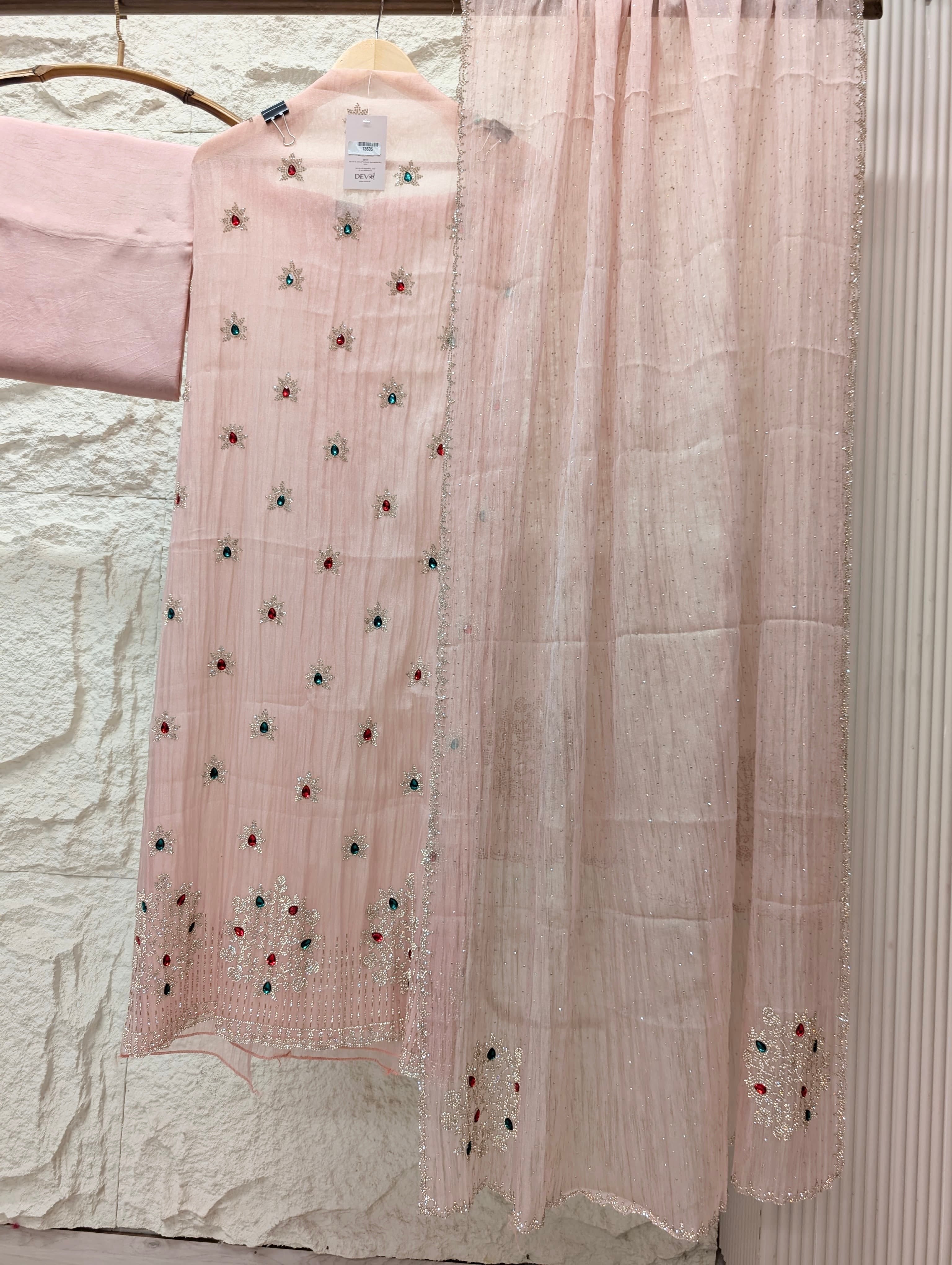 Pink Pure Organza Silk Embroidered Unstitched 3-Piece Suit (Devri – D.No 13635)