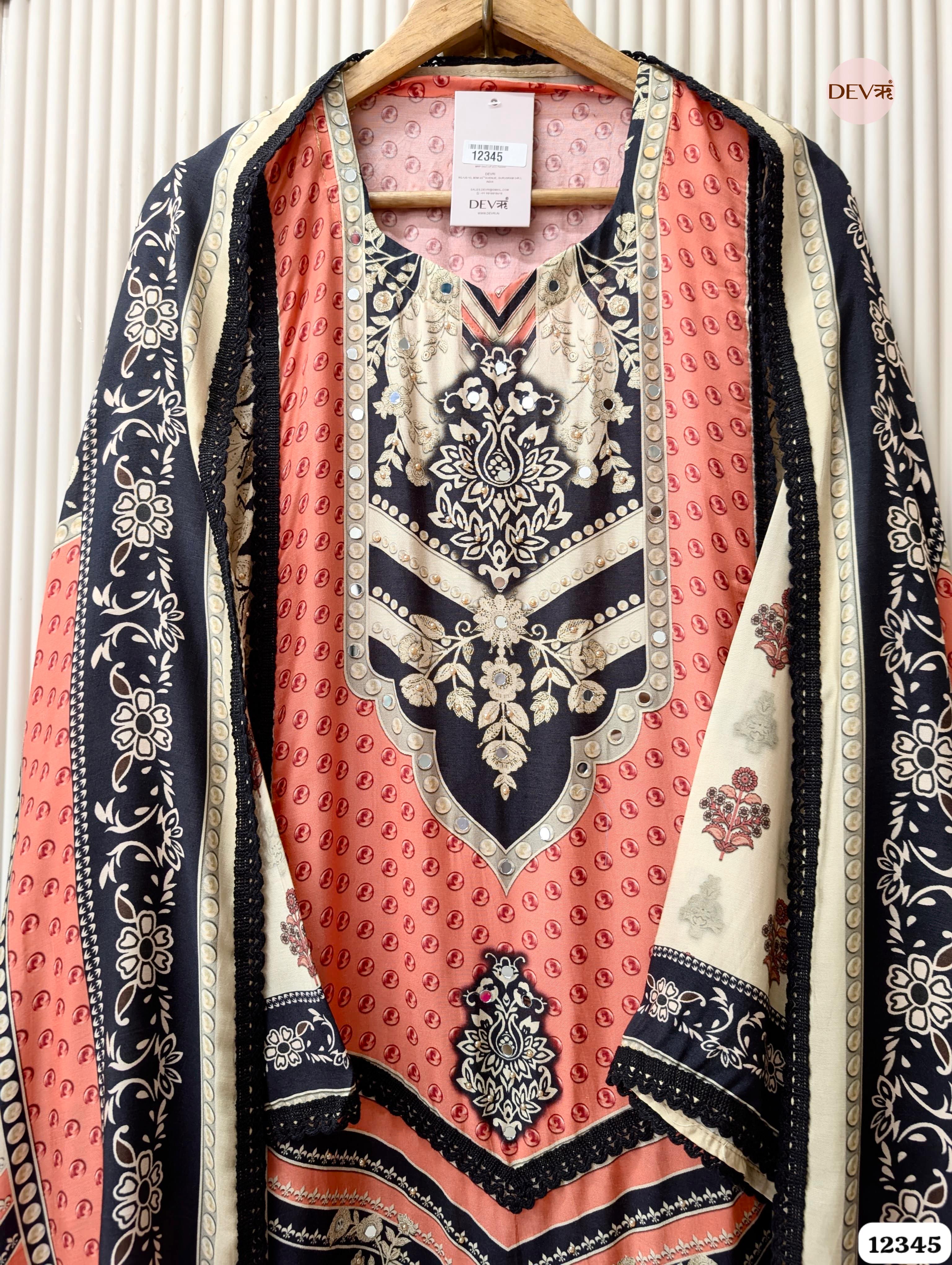 Coral & Black Muslin Printed Unstitched 3-Piece Suit (Devri – D.No. 12345)