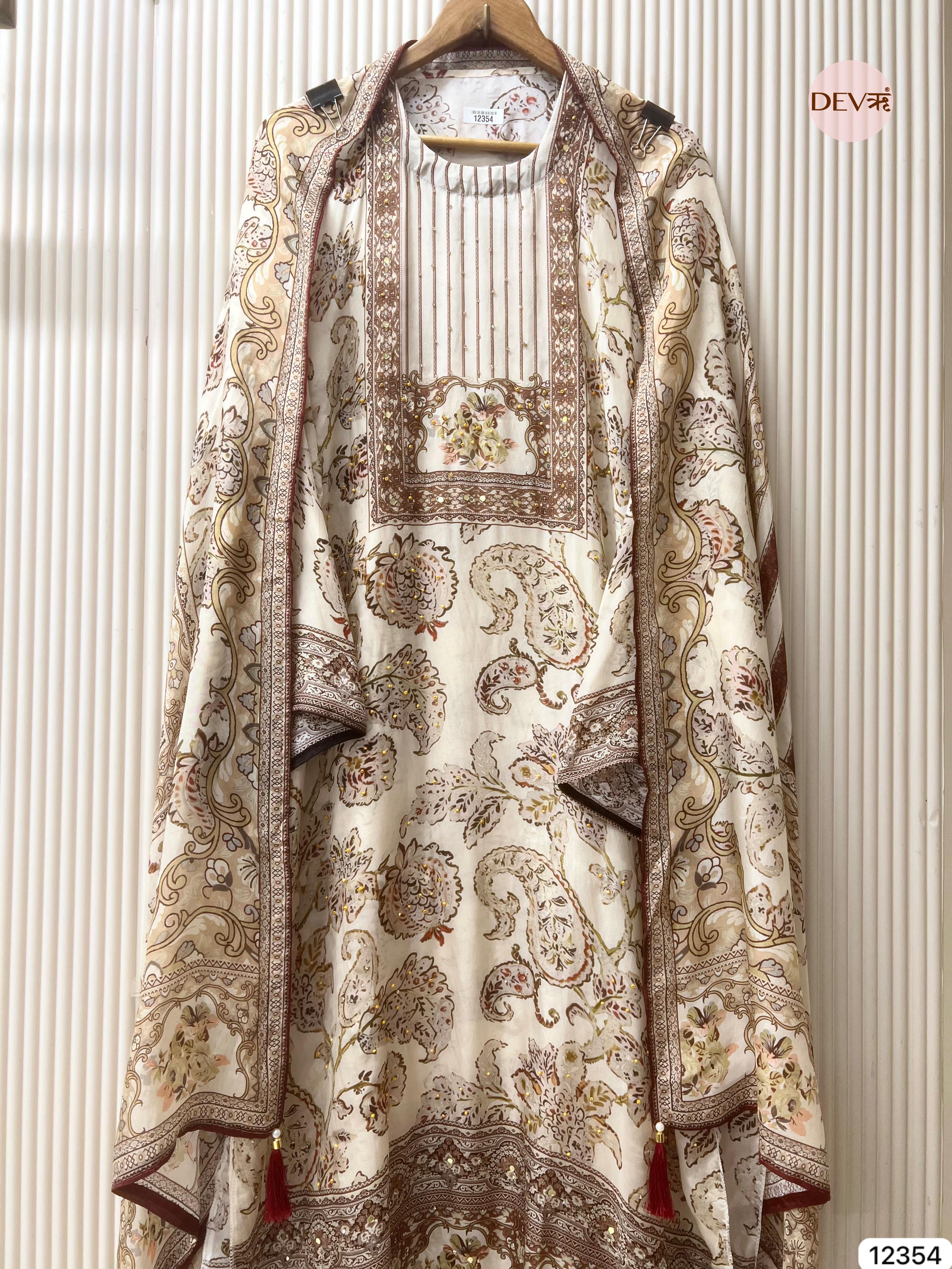 Ivory Organza Silk Printed Unstitched 3-Piece Suit (Devri – D.No 12354)