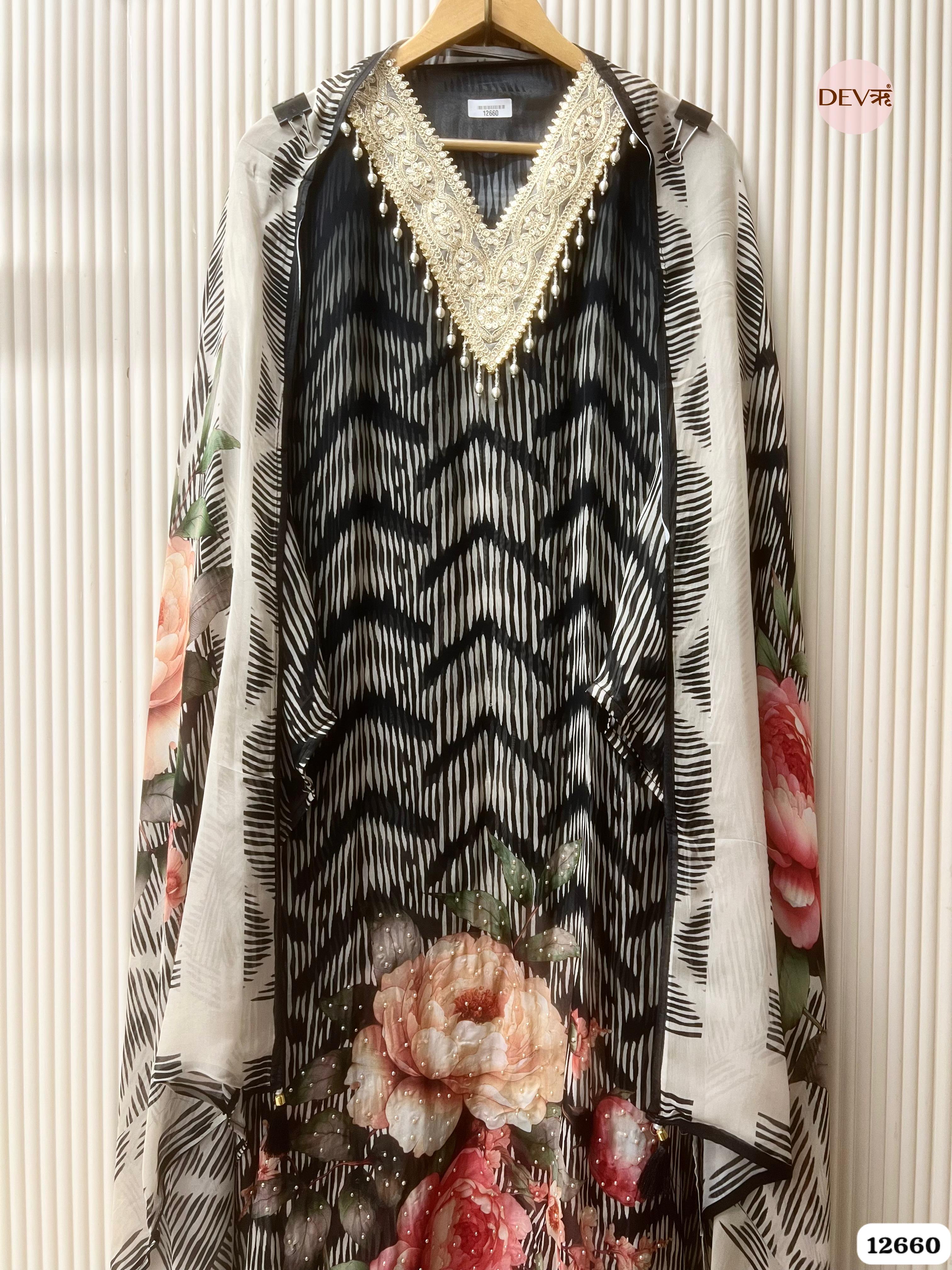 Black and White Organza Floral Embroidered Unstitched 3-Piece Suit (Devri – D.No 12660)