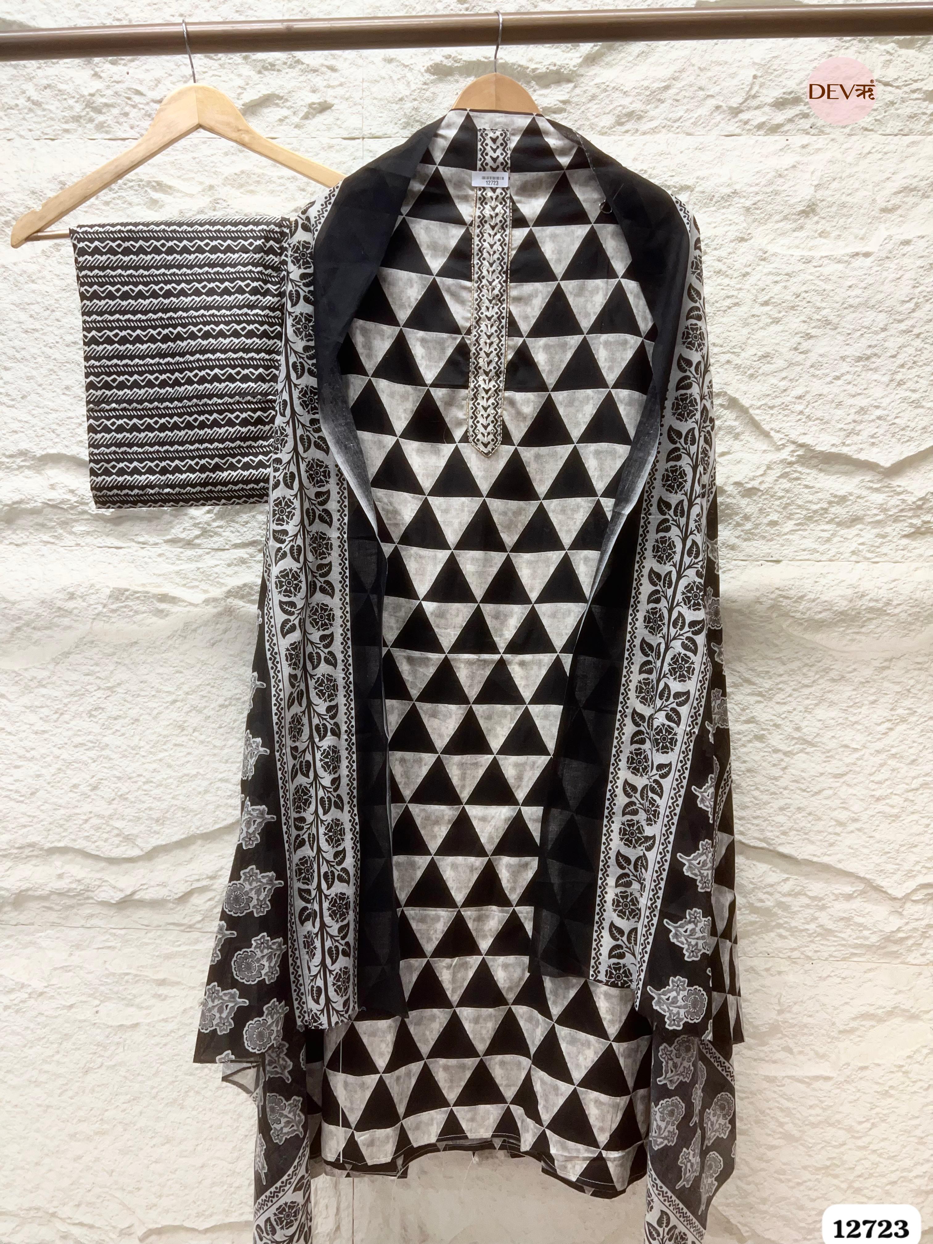Black Cotton Printed Unstitched 3-Piece Suit (Devri – D.No 12723)