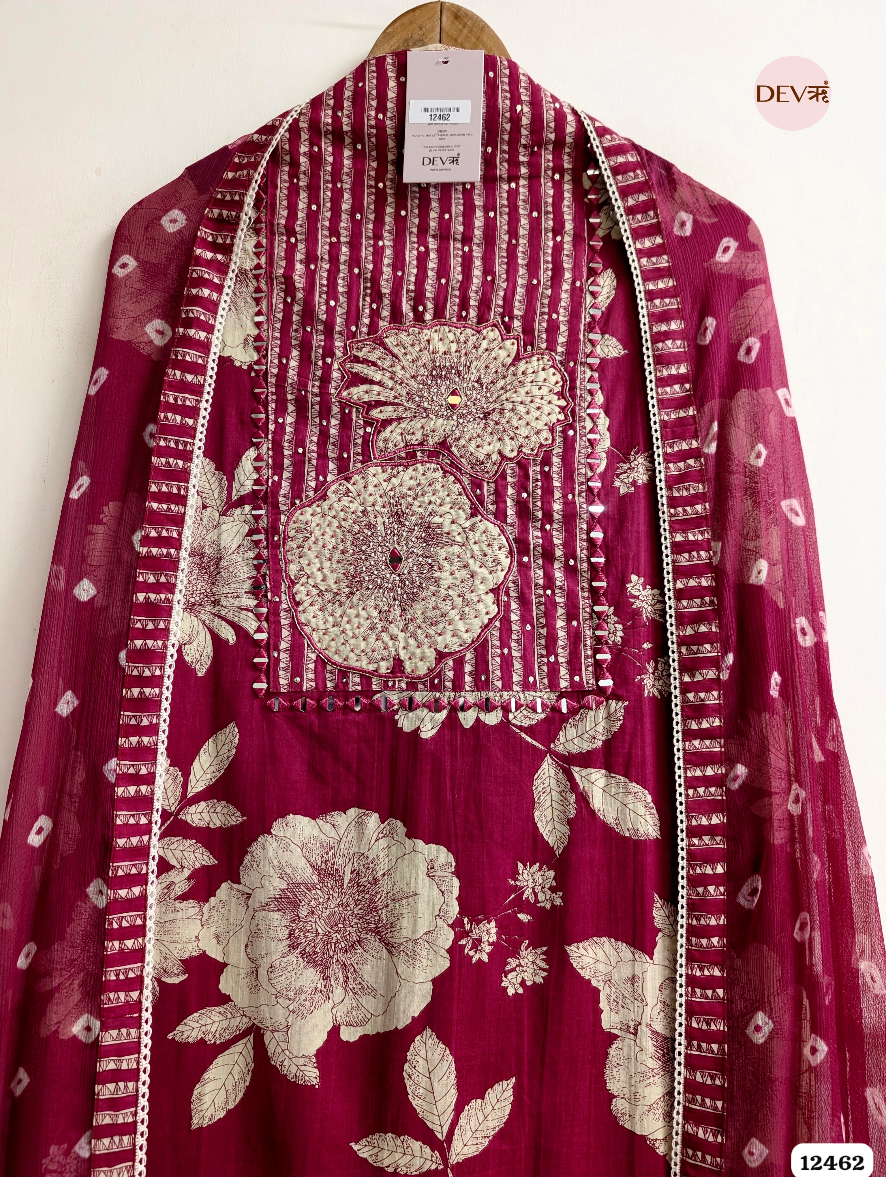 Deep Pink Cotton Printed Unstitched 3-Piece Suit (Devri – D.No. 12462)