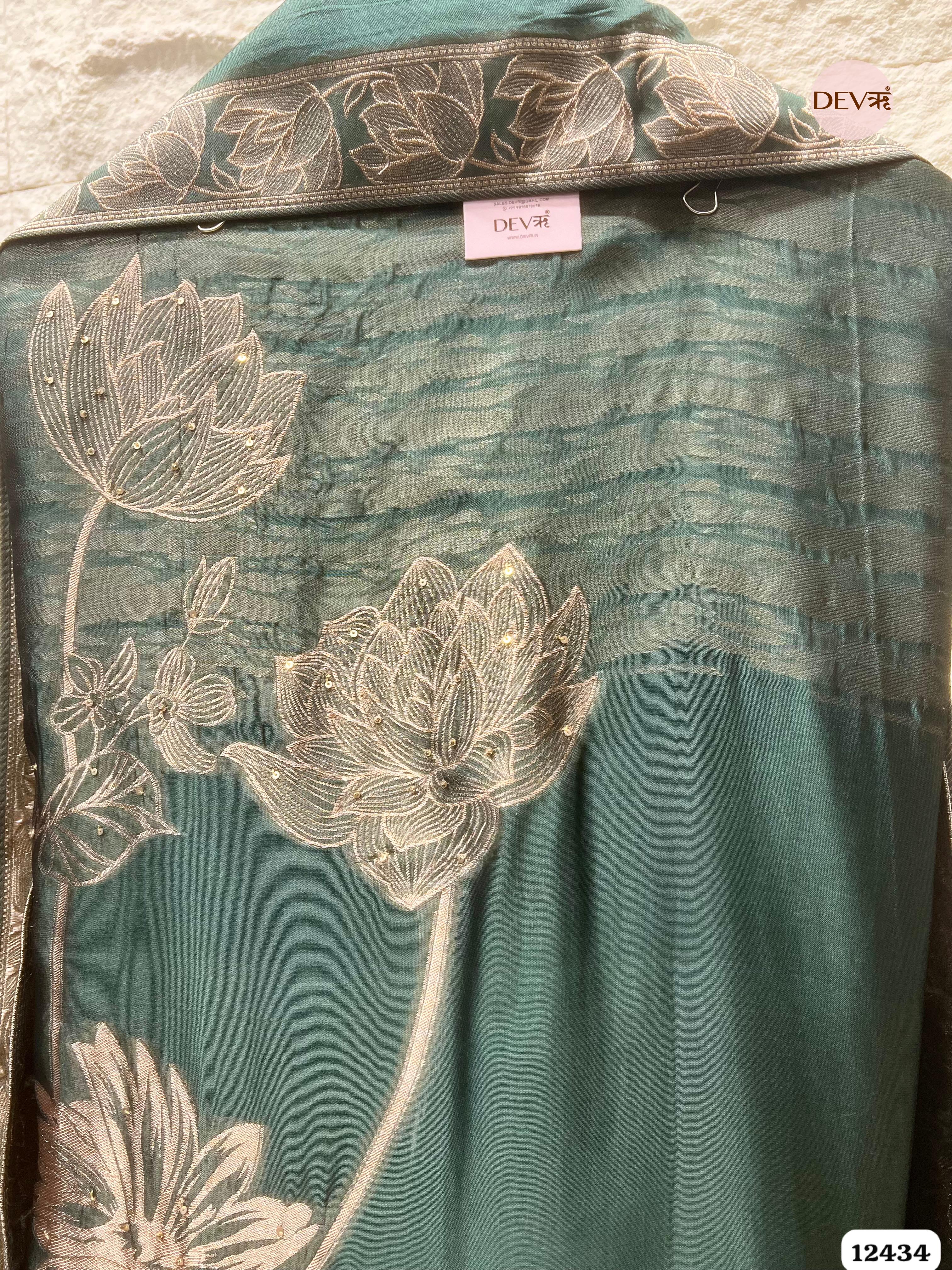 Deep Teal Banarasi Silk Embroidered Unstitched 3-Piece Suit (Devri – D.No. 12434 )