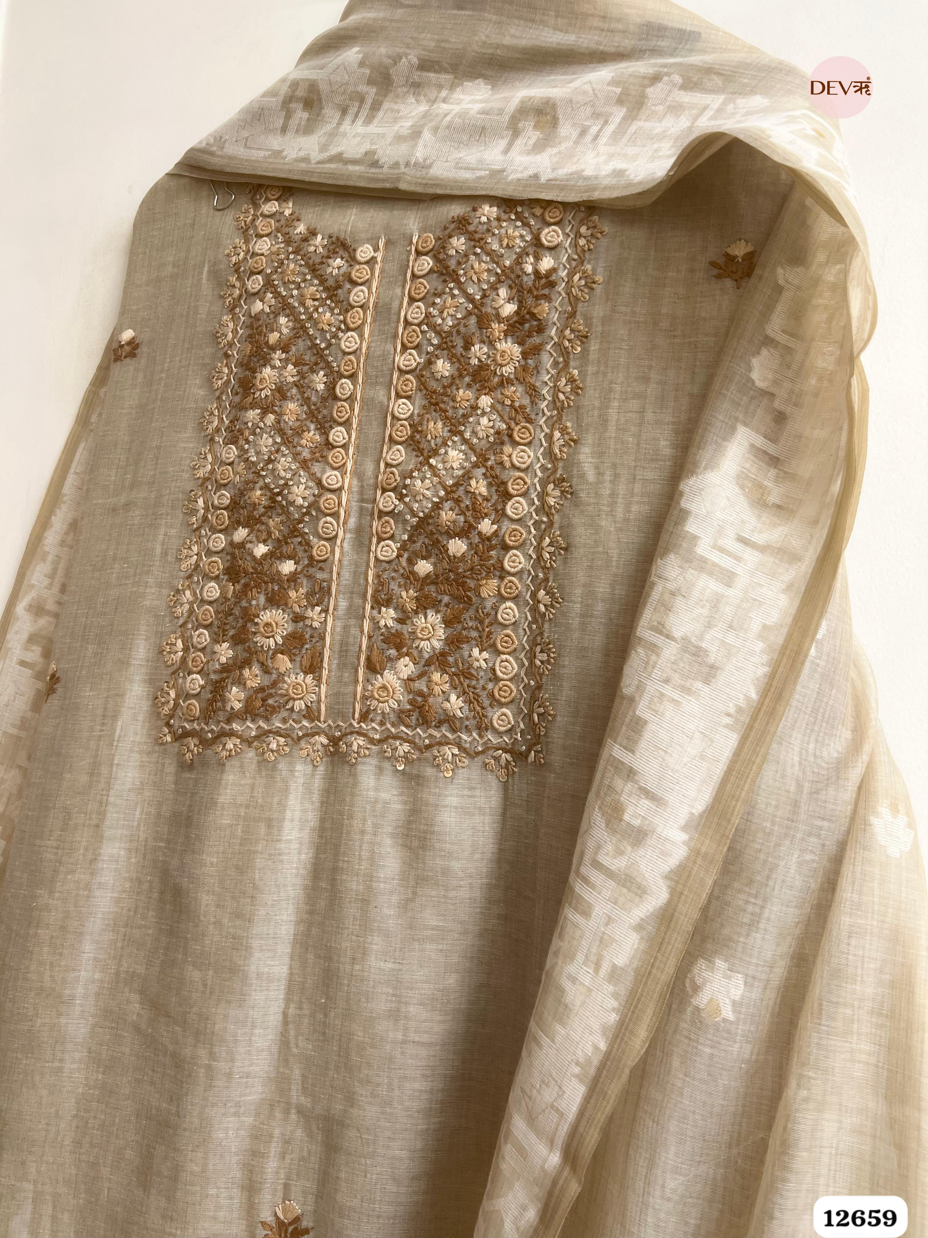 Beige Mul Chanderi Embroidered Unstitched 3-Piece Suit (Devri – D.No 12659)