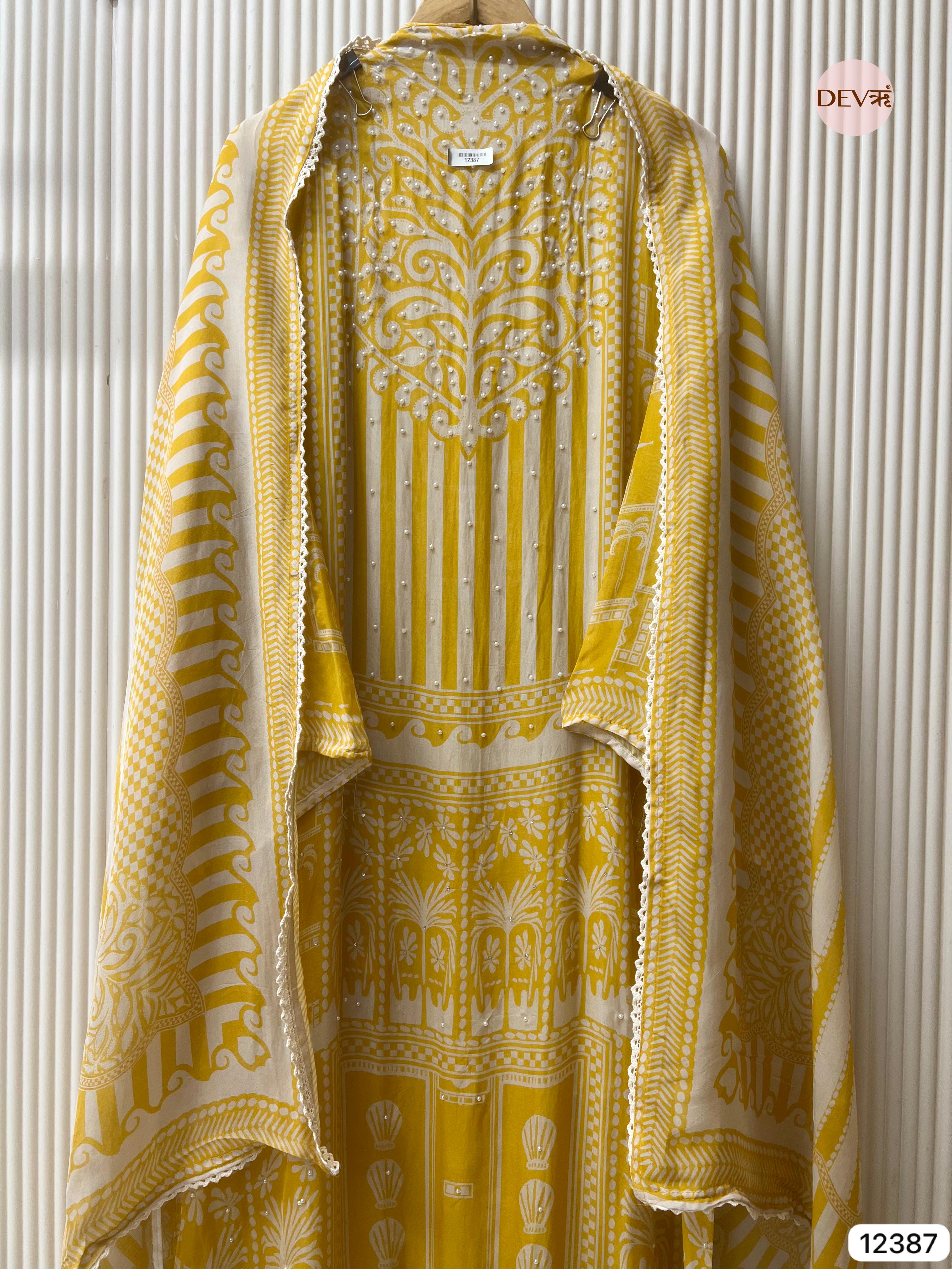 Pastel Yellow Organza Embroidered Unstitched 3-Piece Suit (Devri – D.No 12387)