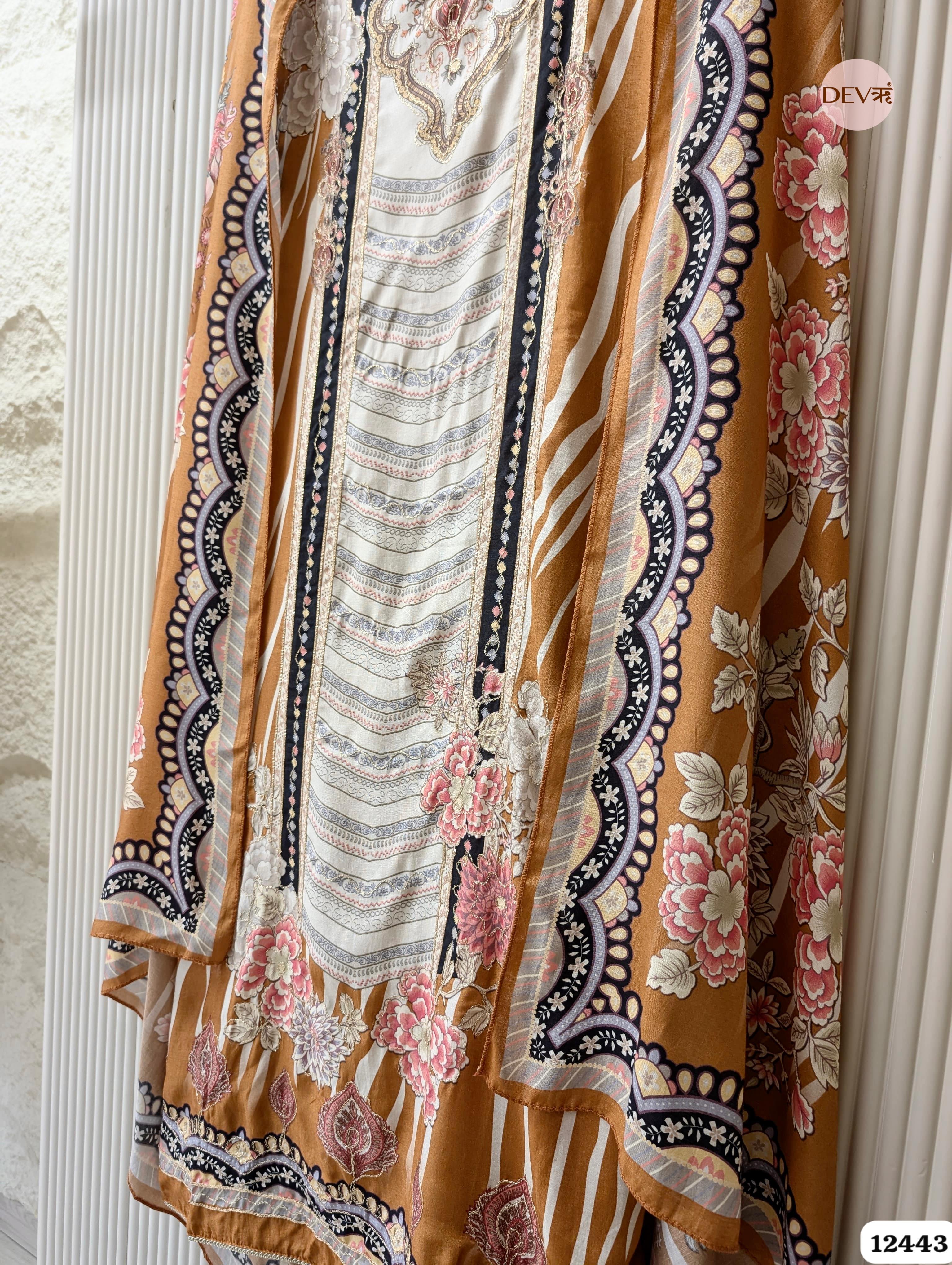 Rust Orange Muslin Digital Printed Unstitched 3-Piece Suit (Devri – D.No 12443)