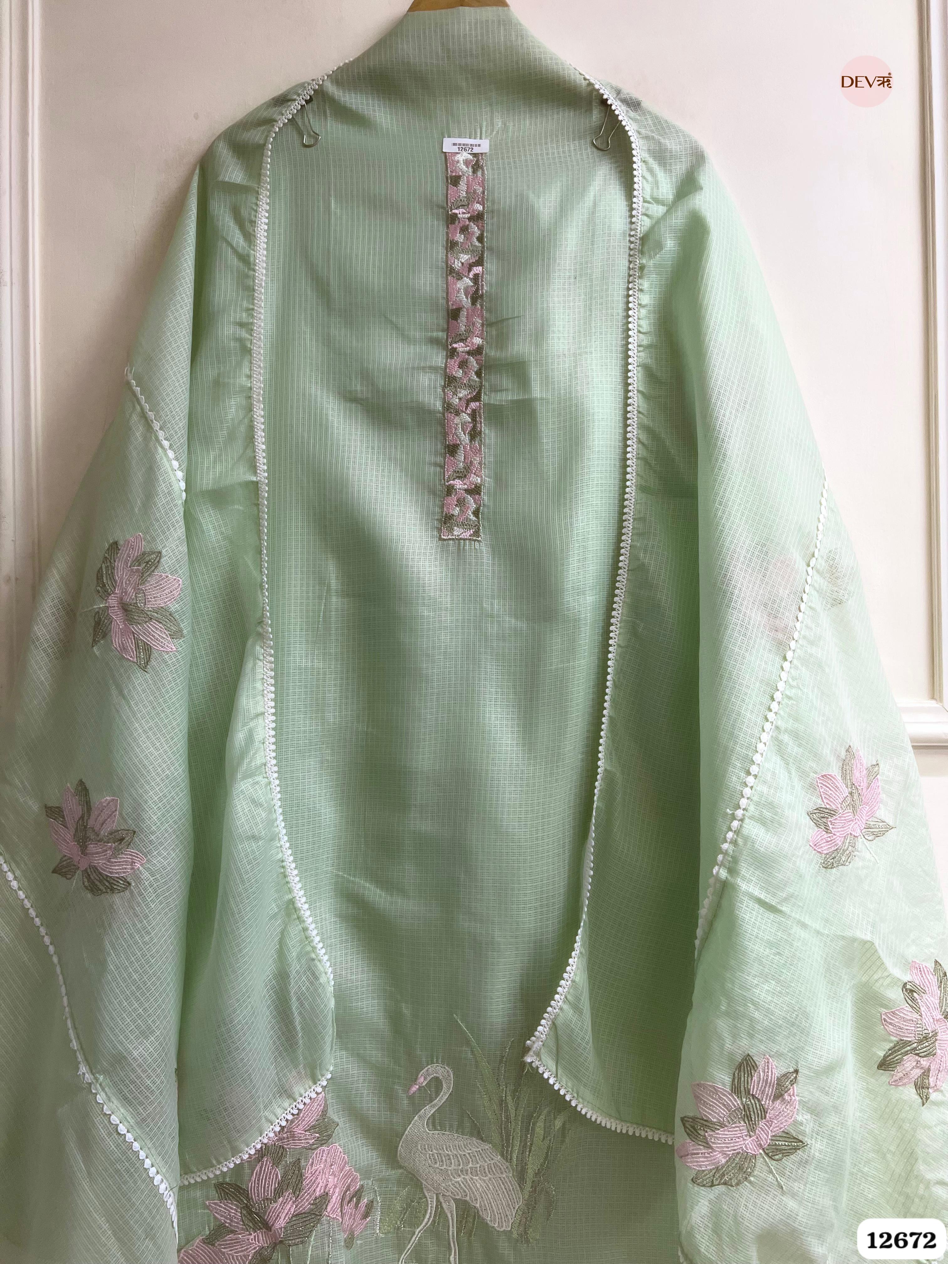Pista Green Kota Embroidered Unstitched 3-Piece Suit (Devri – D.No 12672)