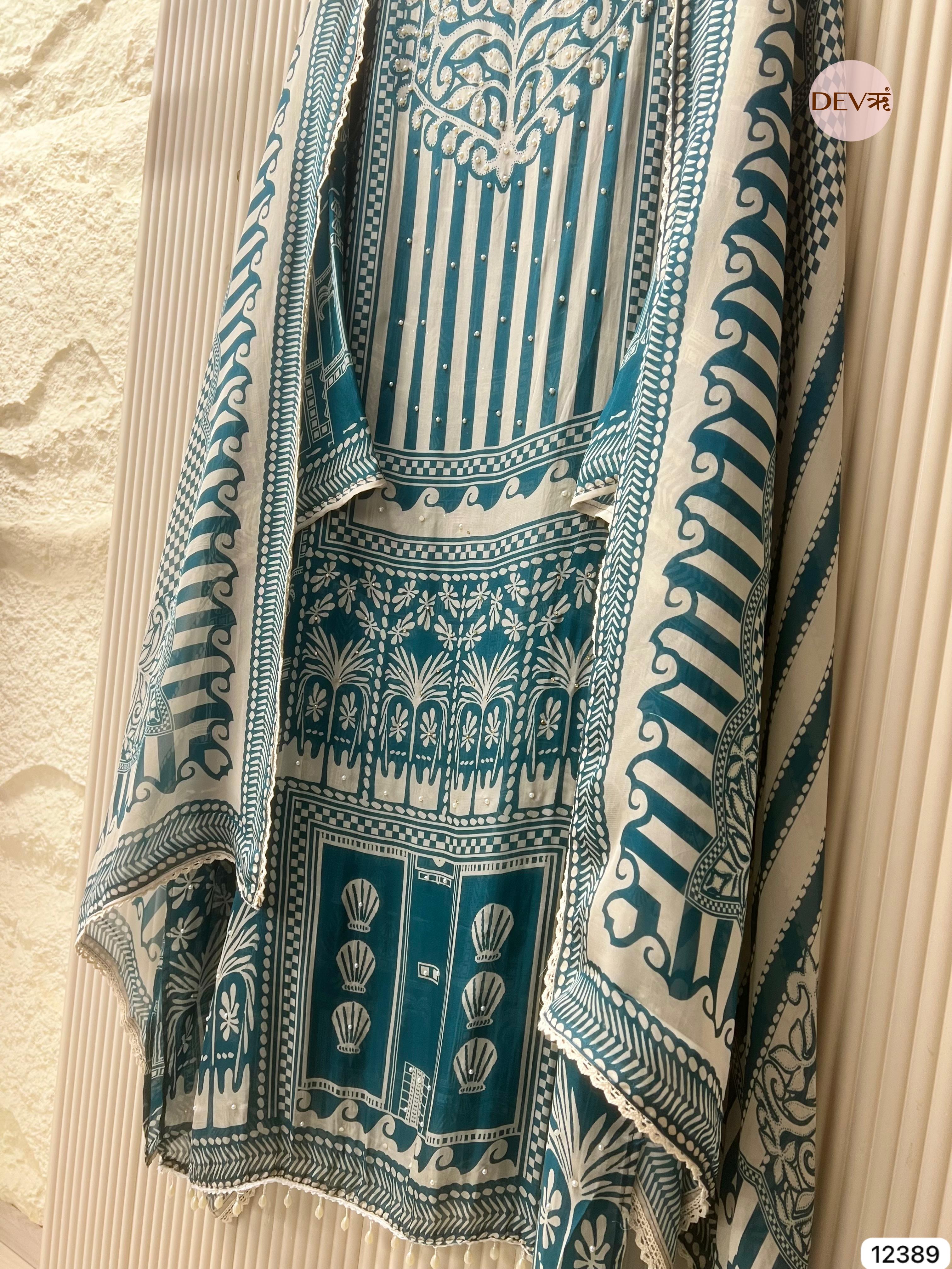 Teal and White Organza Printed Unstitched 3-Piece Suit (Devri – D.No 12389)