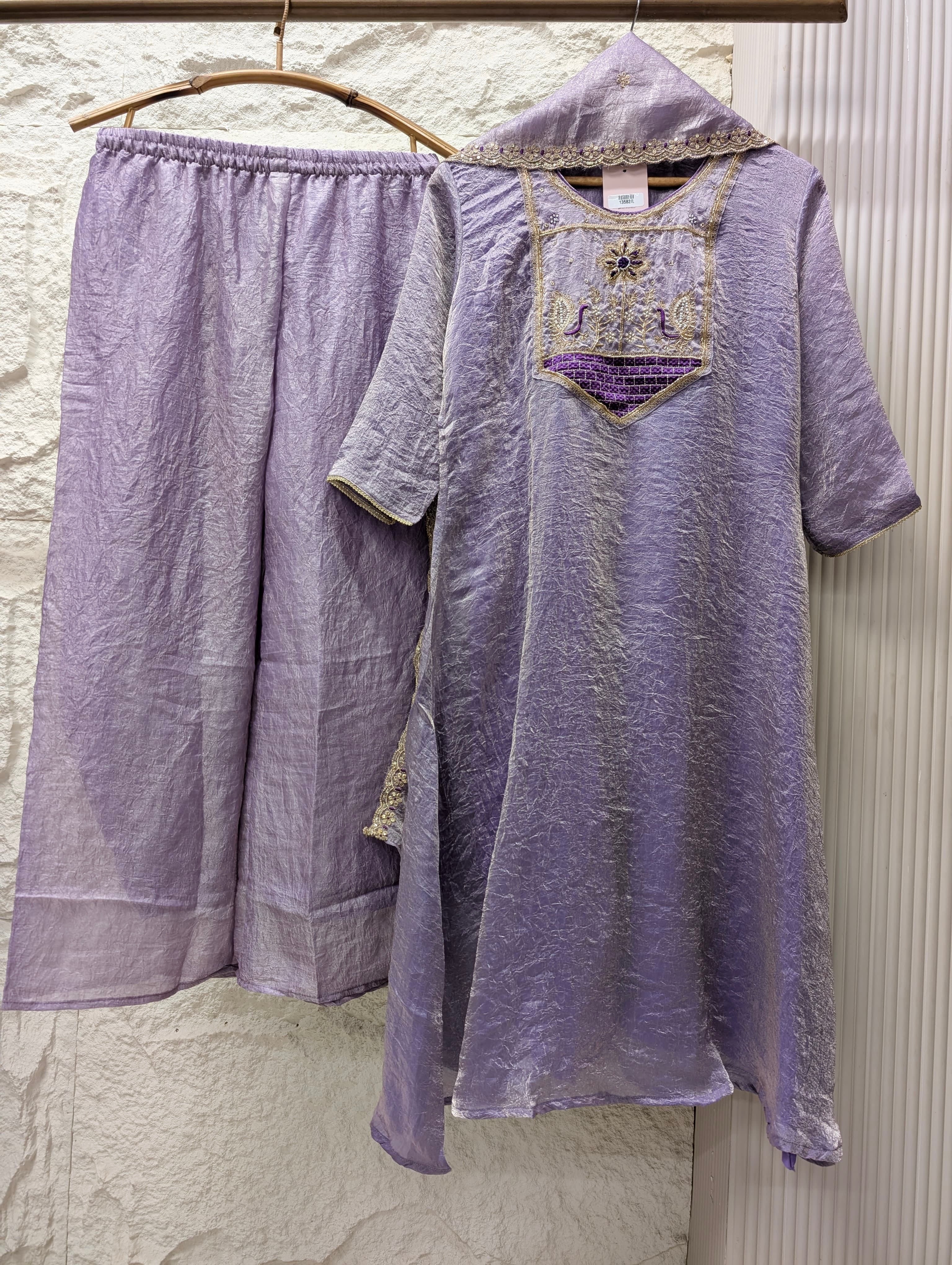 Meher Tissue Silk Embroidered Lavender 3-Piece Set (Devri – D.No 13582)