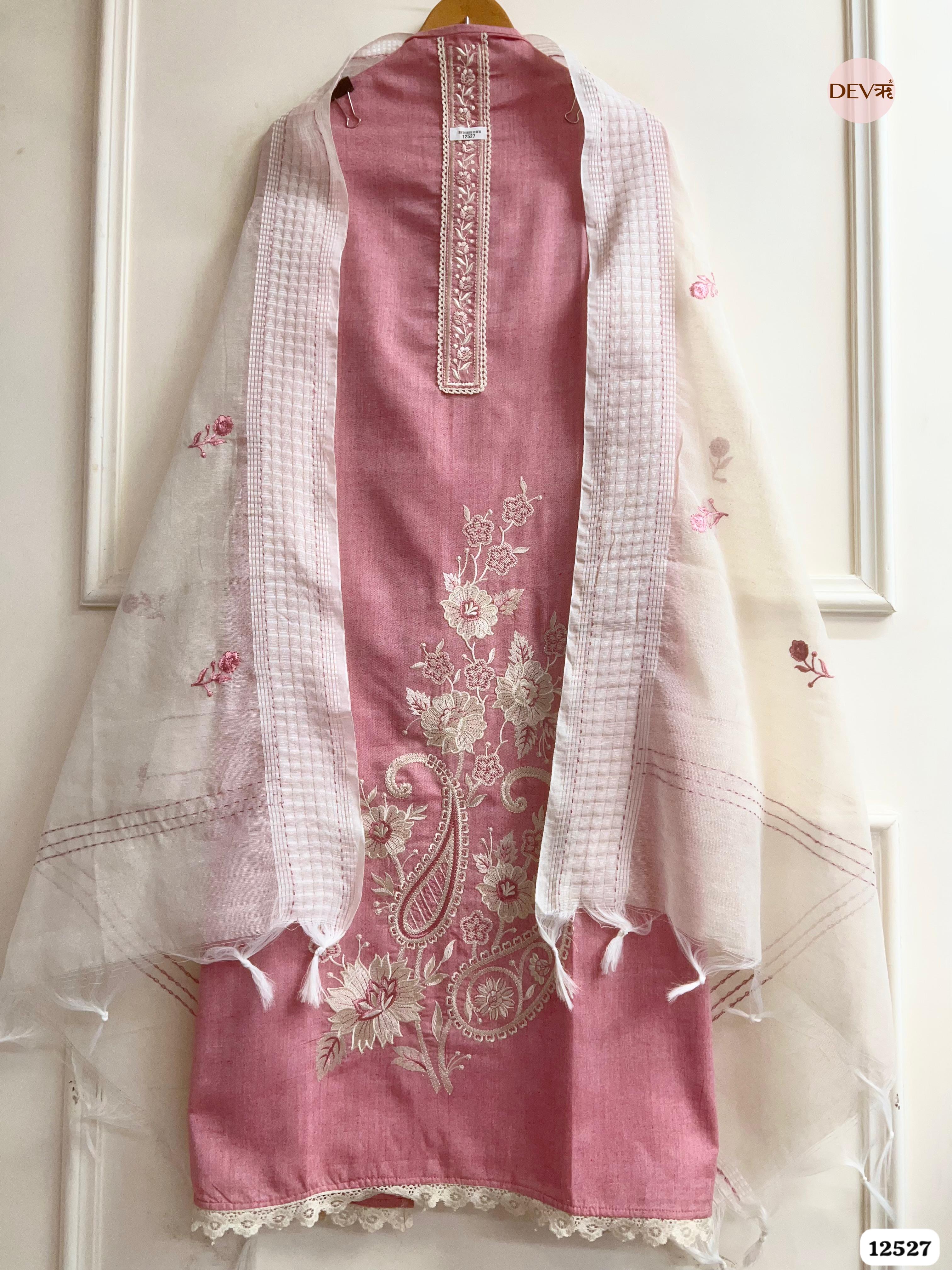 Dusty Rose Handloom Cotton Embroidered Unstitched 3-Piece Suit (Devri – D.No 12527)