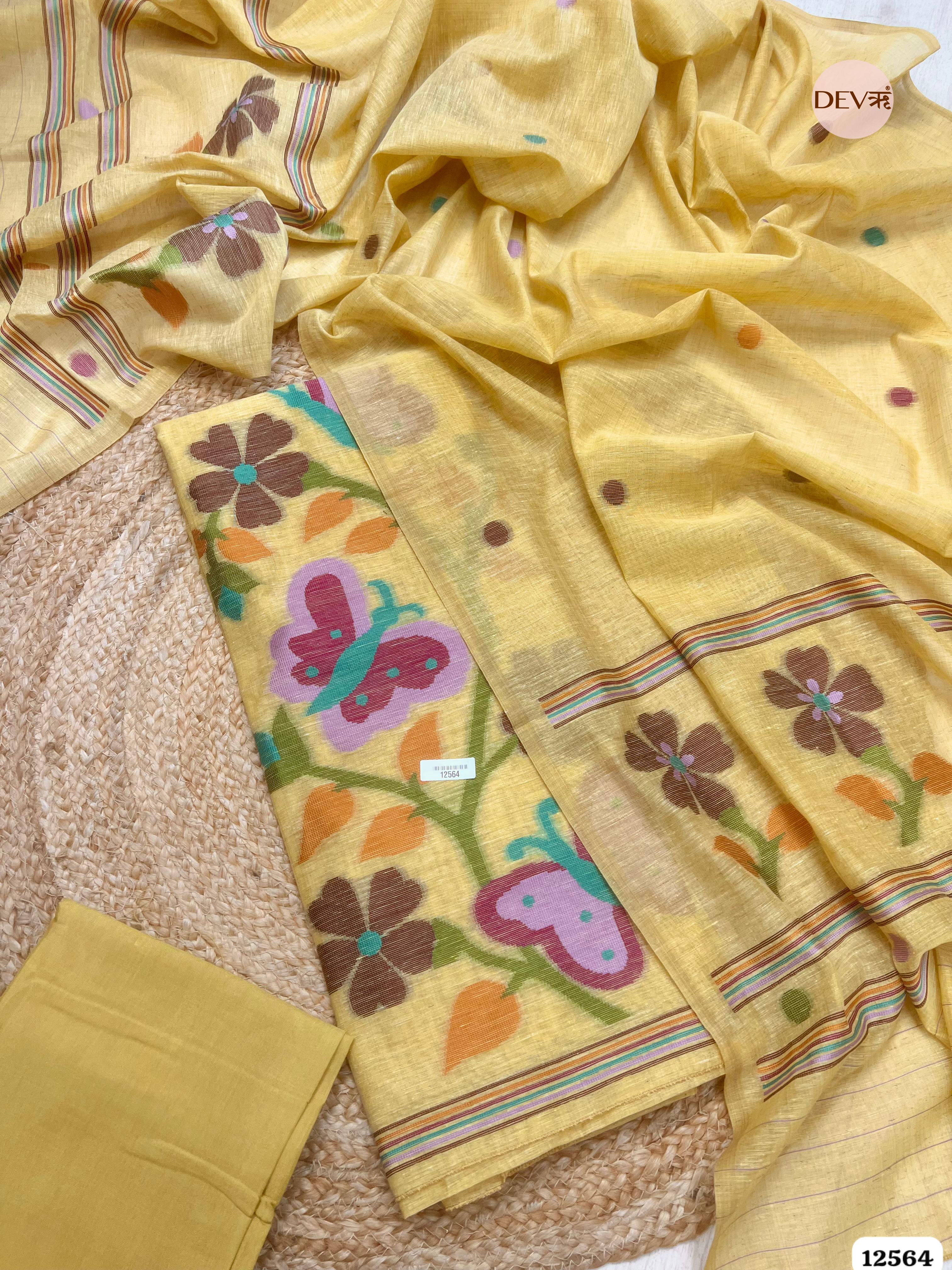 Yellow Linen Printed Unstitched 3-Piece Suit (Devri – D.No 12564)